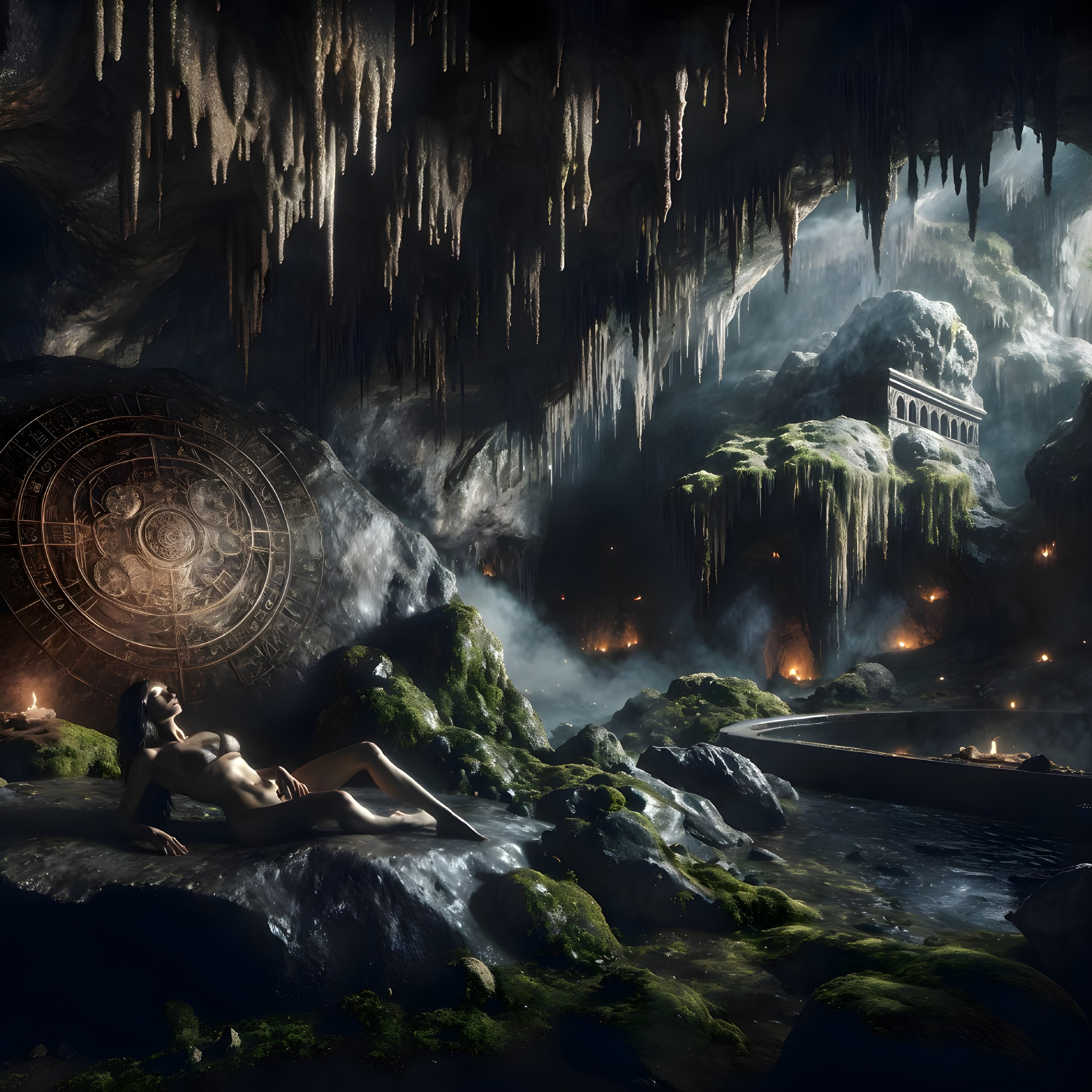 Mystical cave with stalactites and ancient symbols