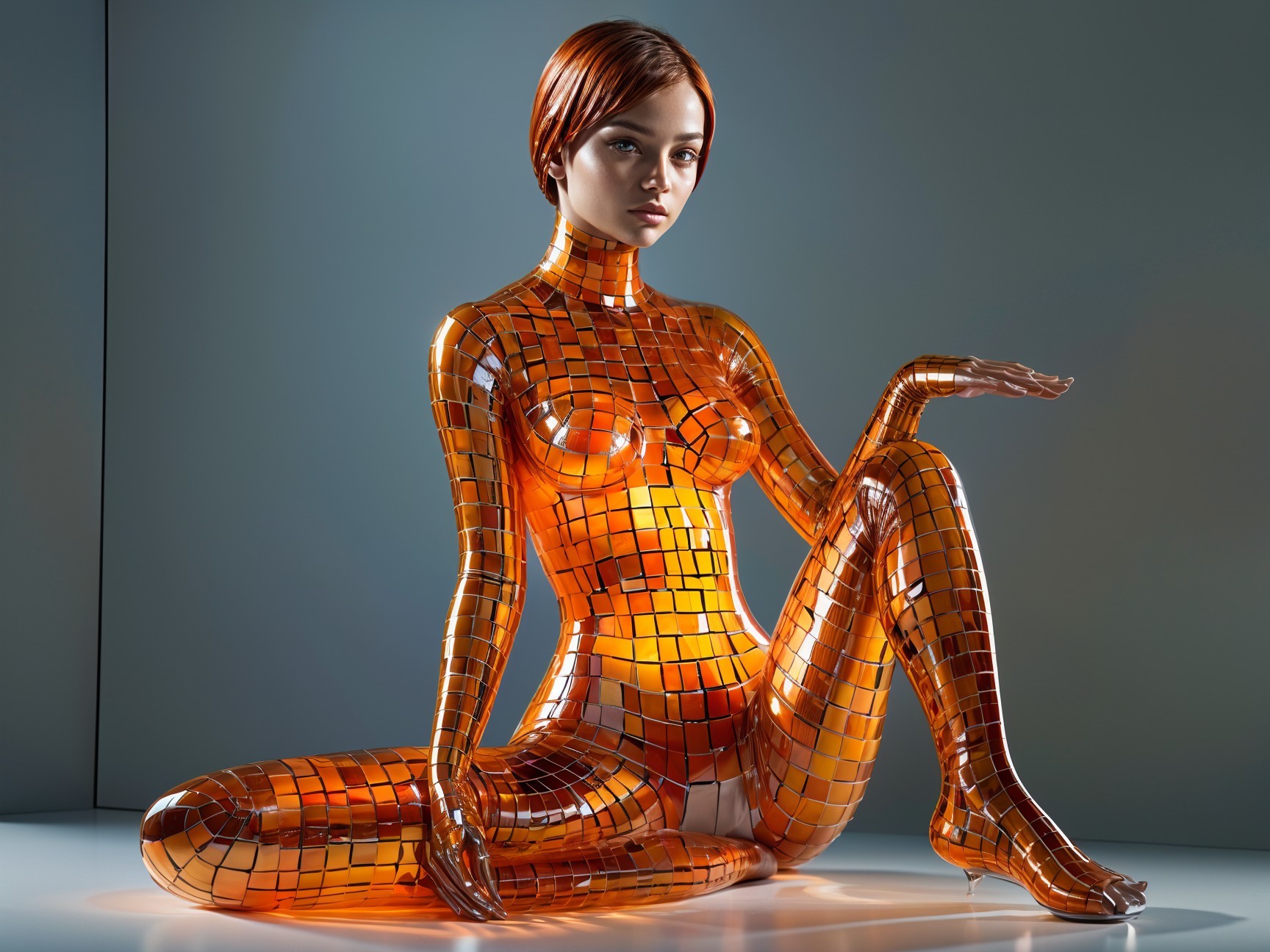 Futuristic Humanoid Figure in Shiny Orange Mosaic Tiles
