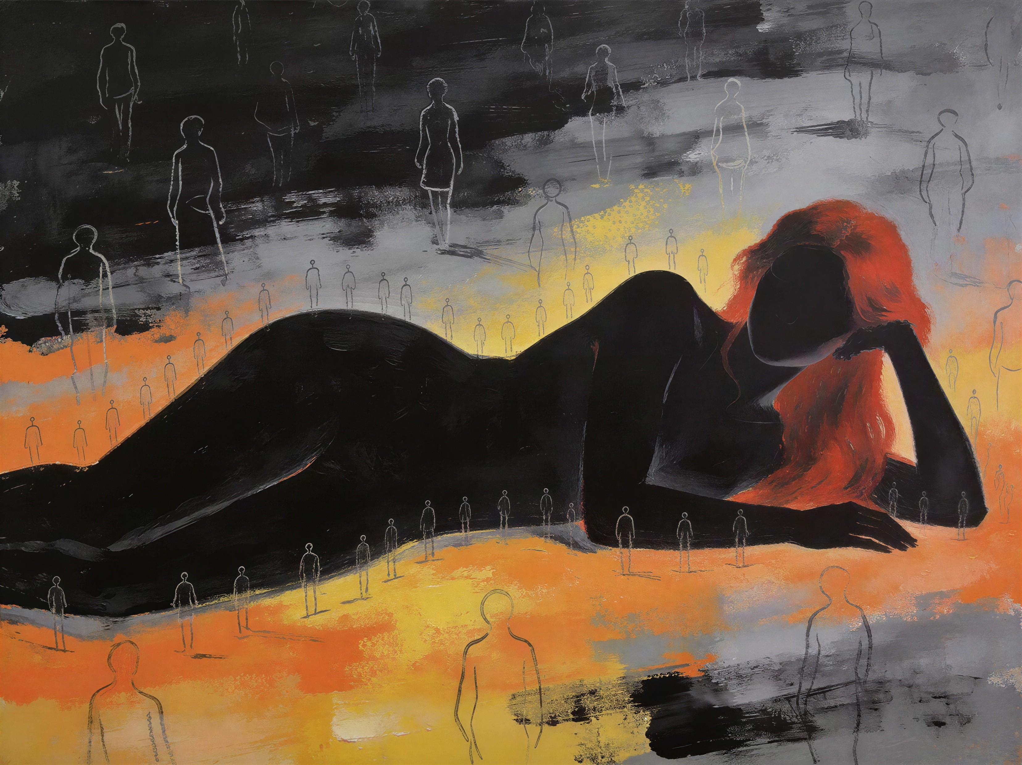 Reclining Figure with Red Hair in Dark Background