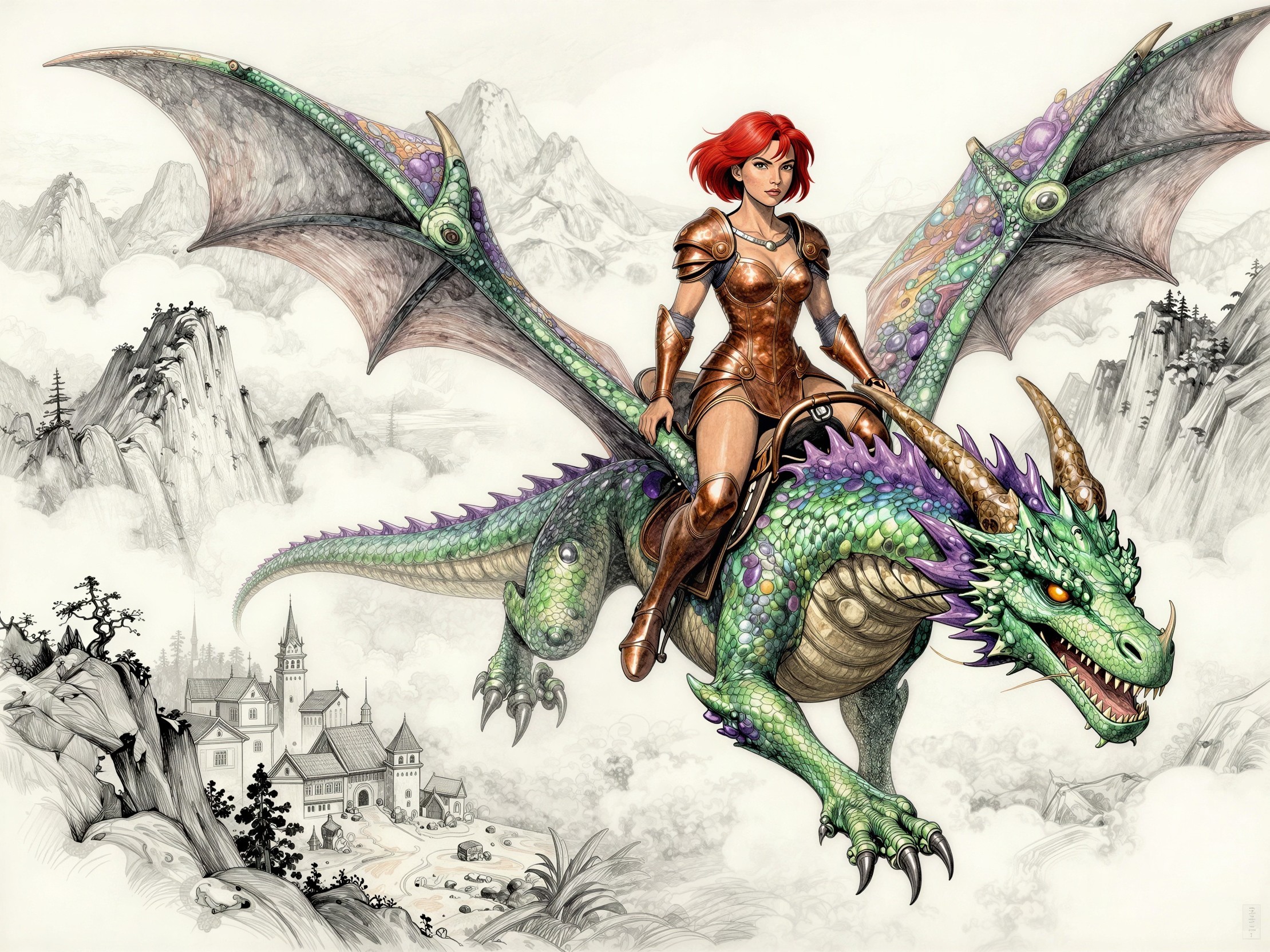 Female warrior on dragon in fantastical landscape art