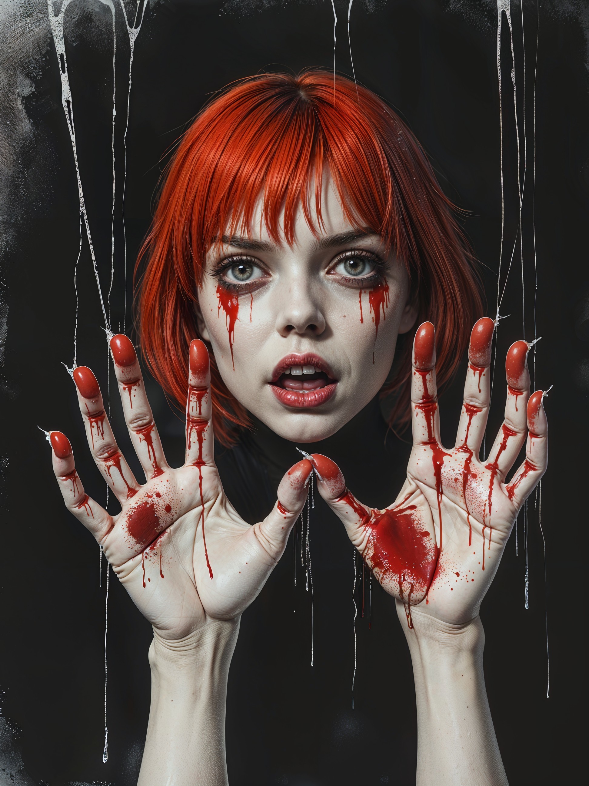 Intense Portrait of a Woman with Red Hair and Blood