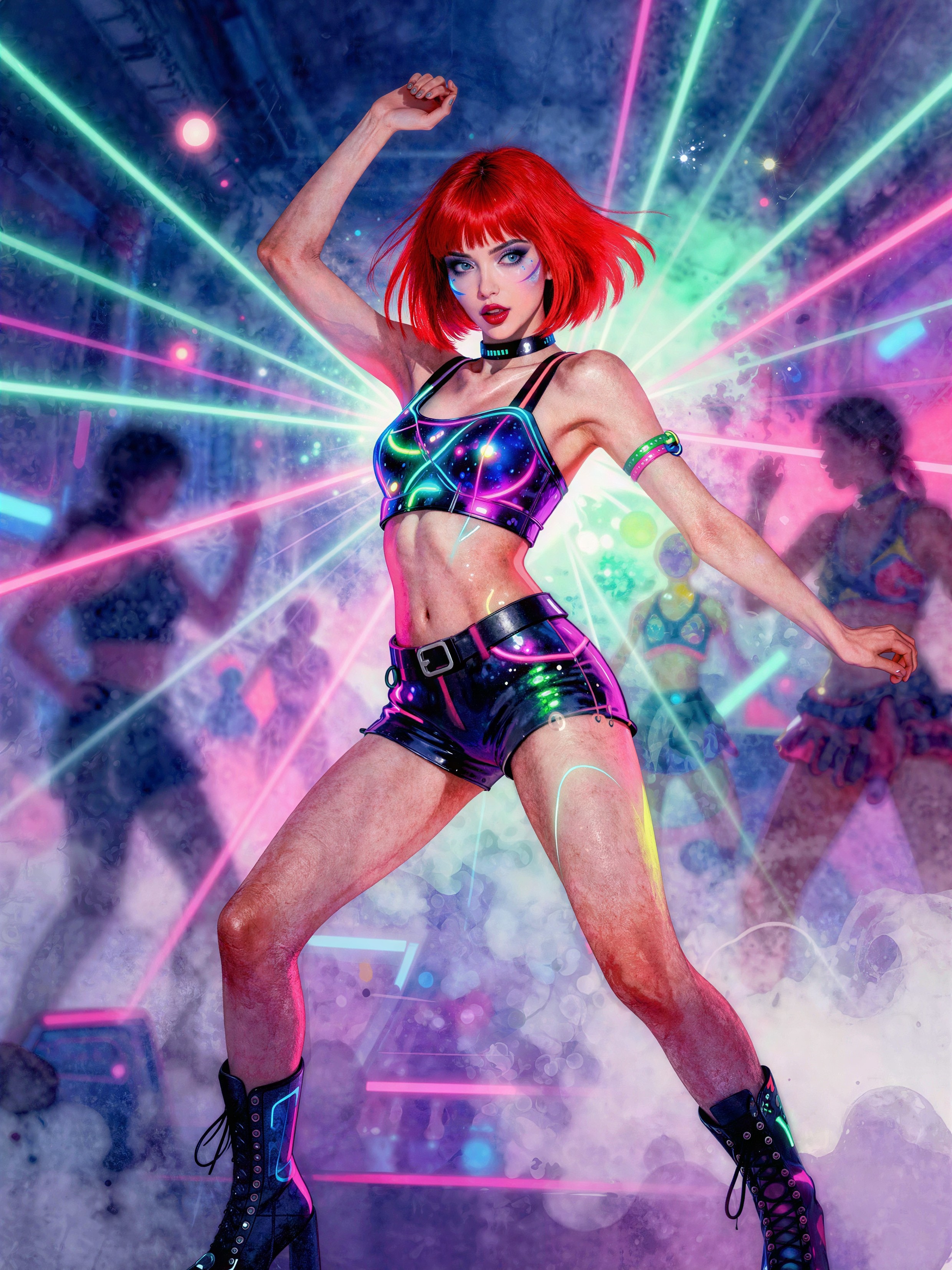 Anime-style woman dancing in a futuristic nightclub