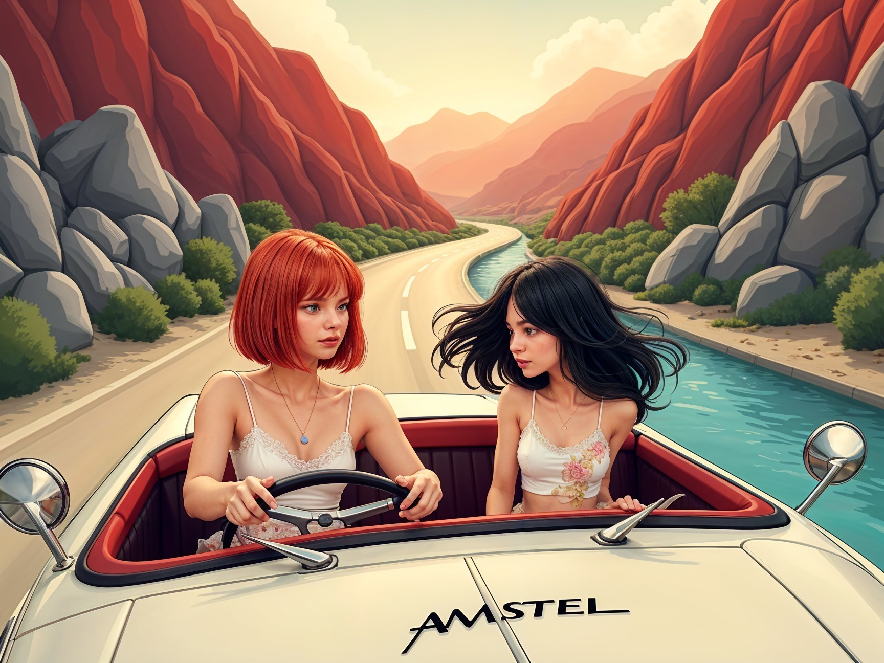 Vintage Convertible Drive Through Scenic Mountain Road