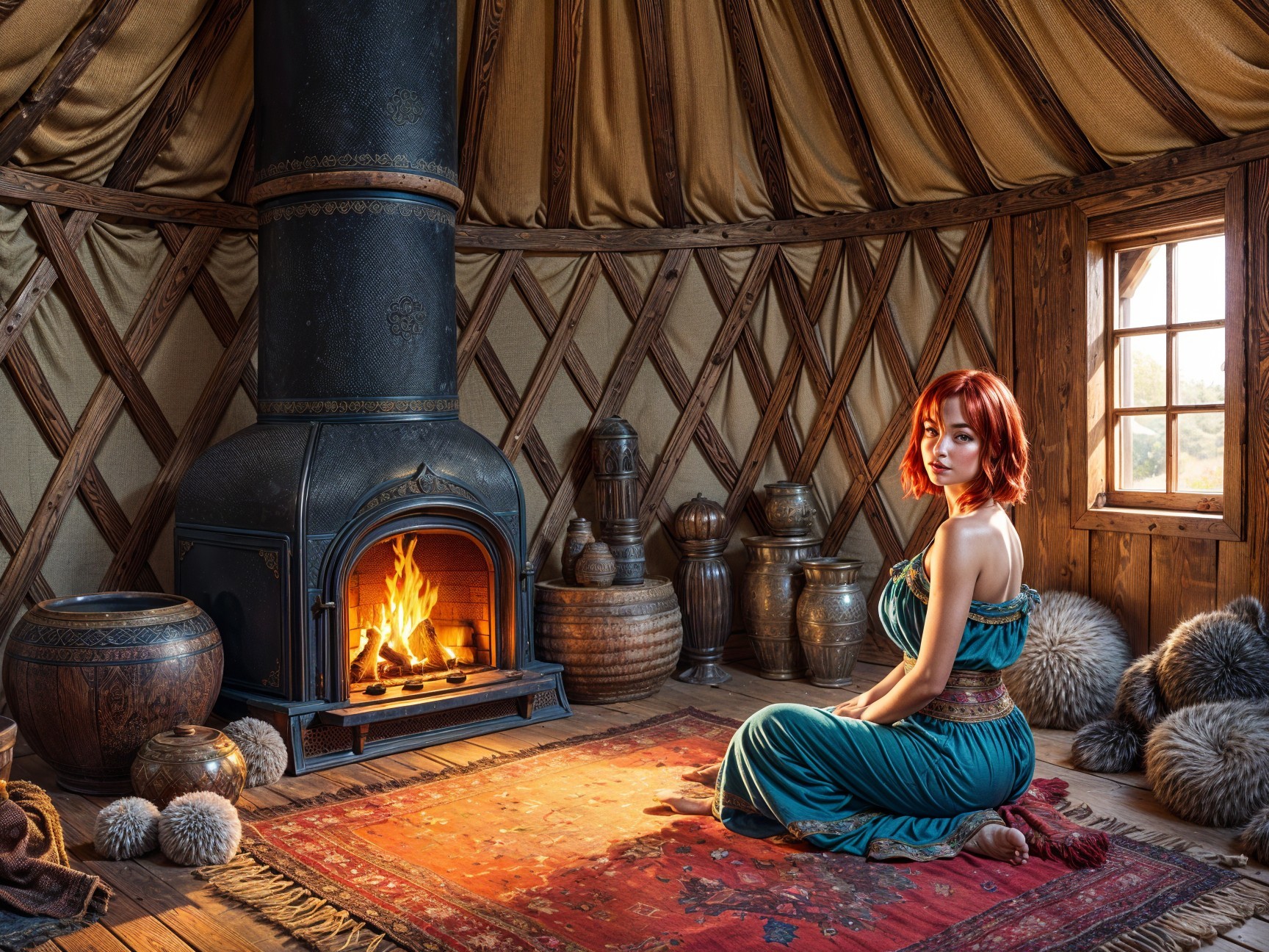 Cozy Yurt Interior with Woman in Teal Dress