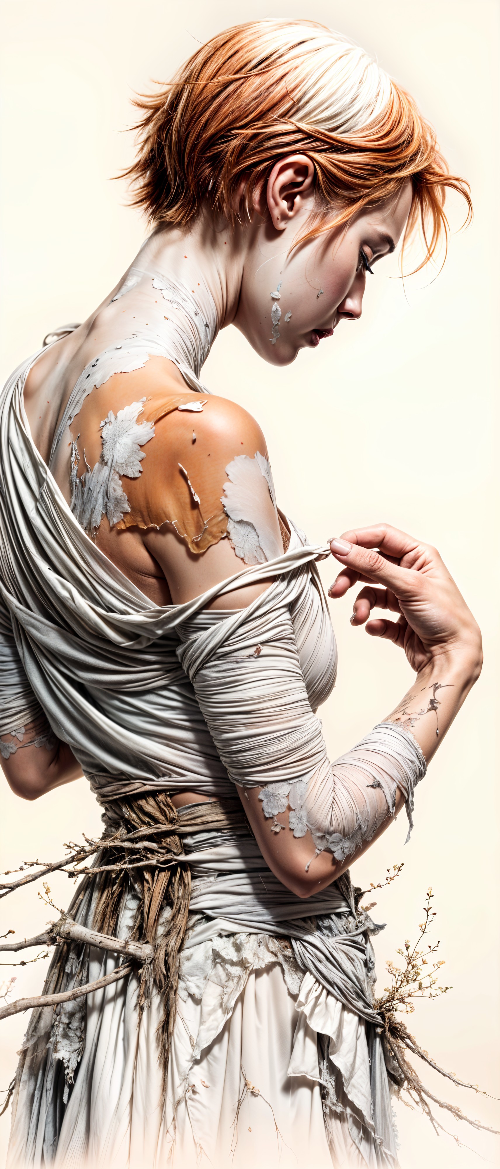 Woman with Reddish Hair in Ethereal Off-White Garment
