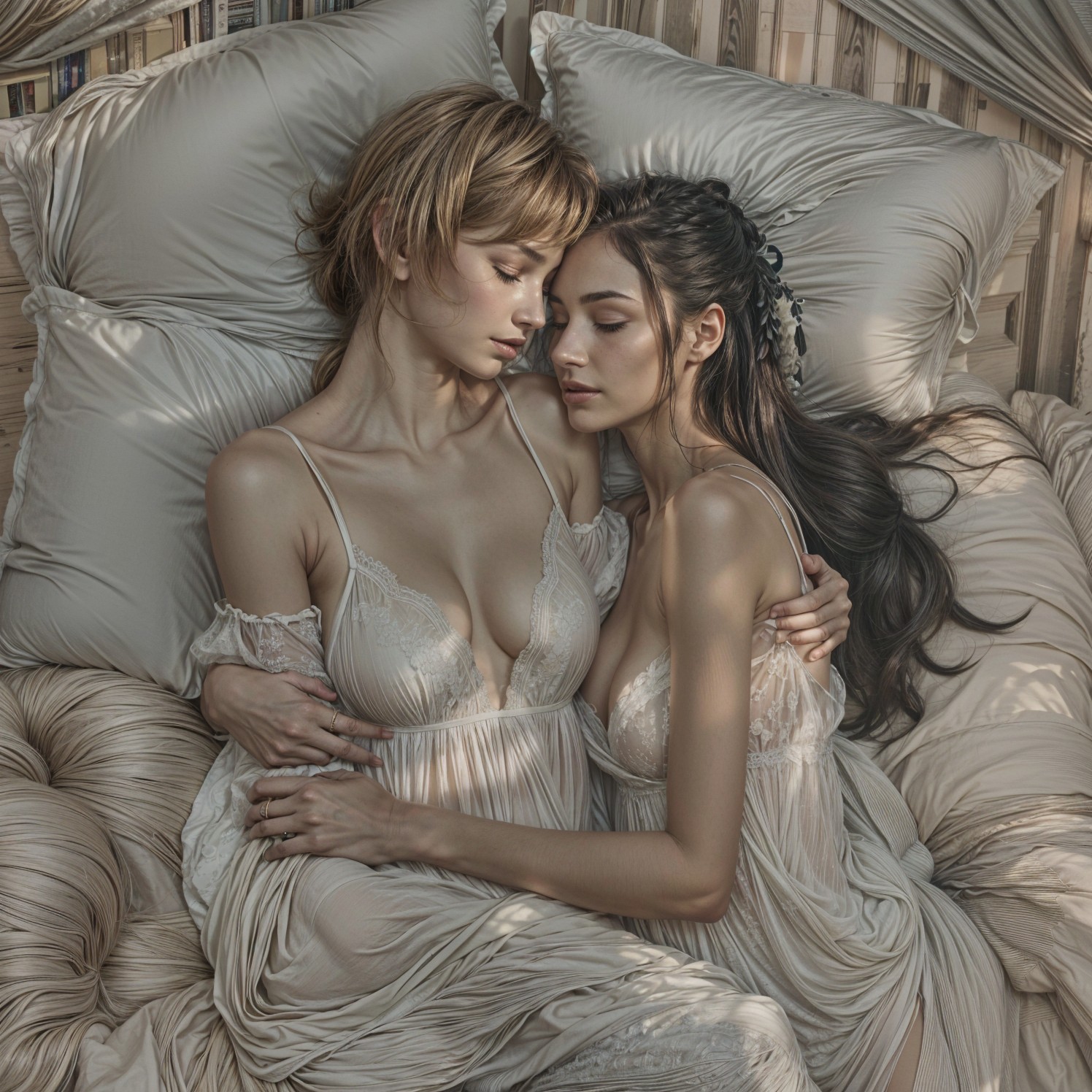 Women in Lingerie Embracing in Cozy Bedroom Setting