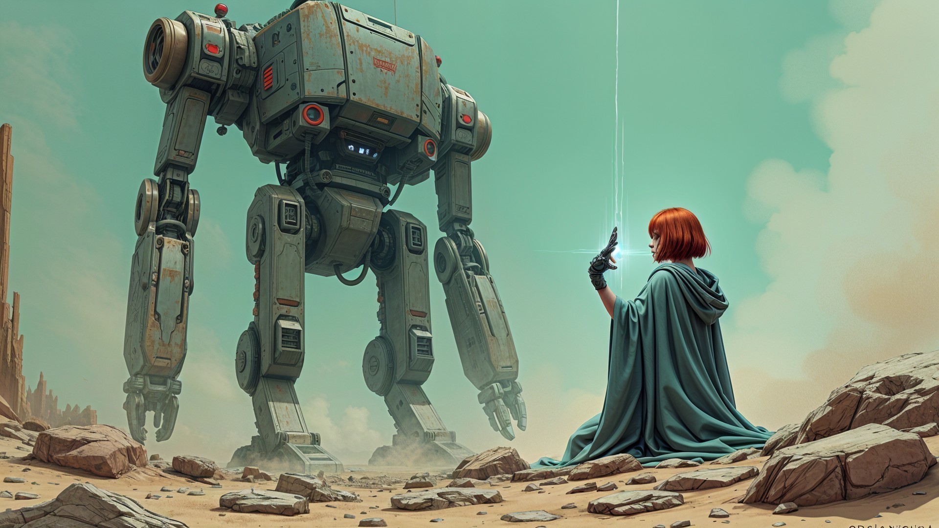 Lone Figure Faces Towering Rusty Robot in Barren Landscape
