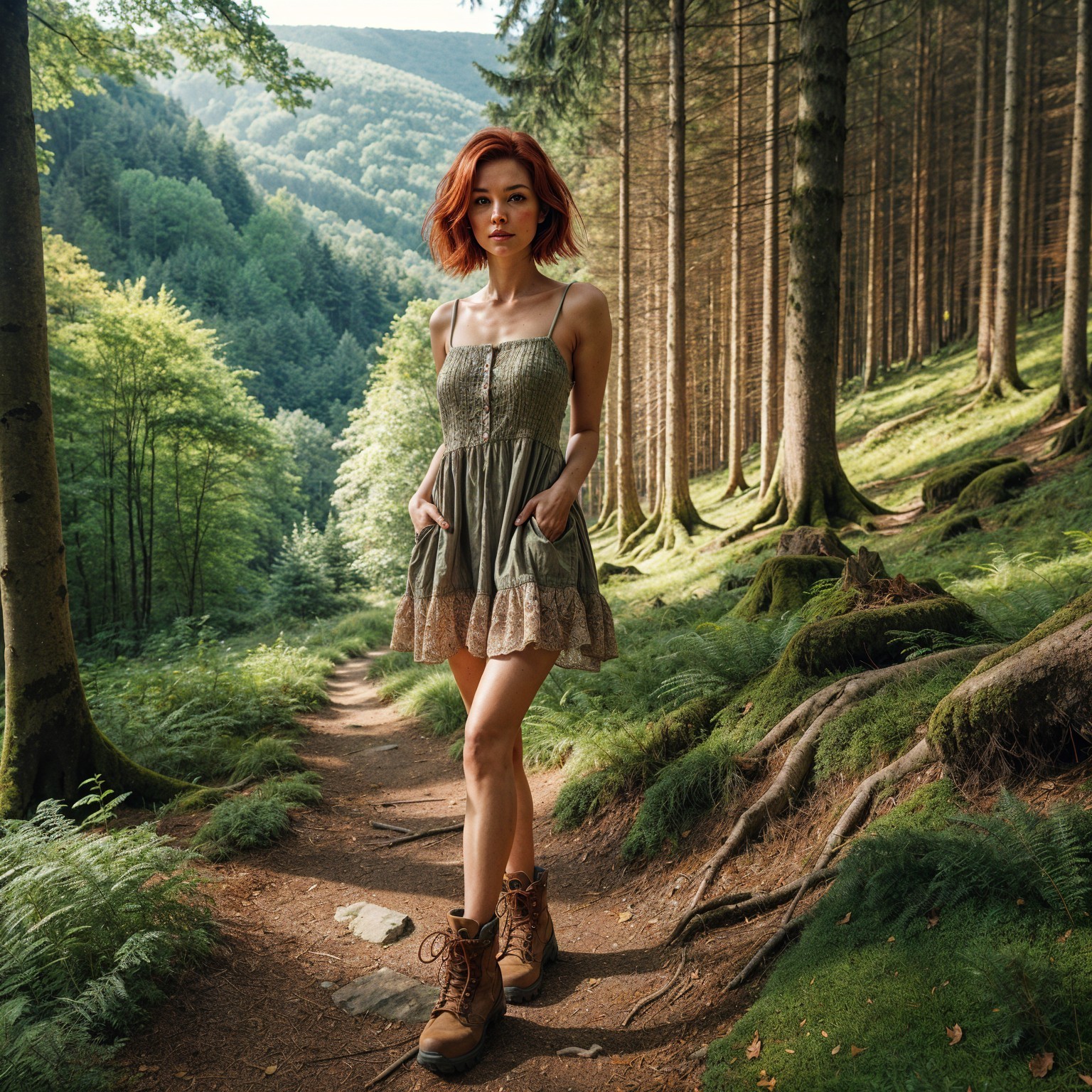 Young woman in flowing dress on forest trail