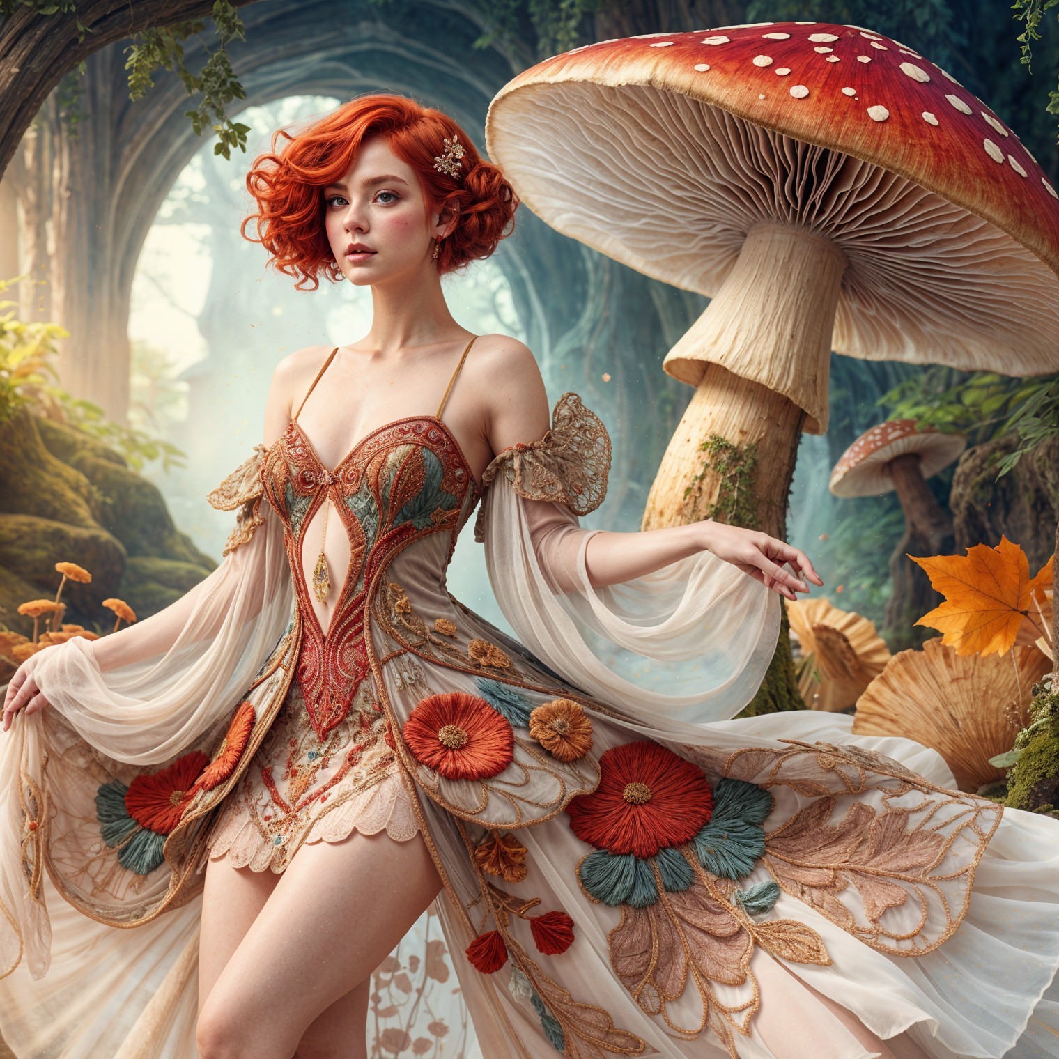 Enchanted Forest Scene with Floral Gown and Mushrooms