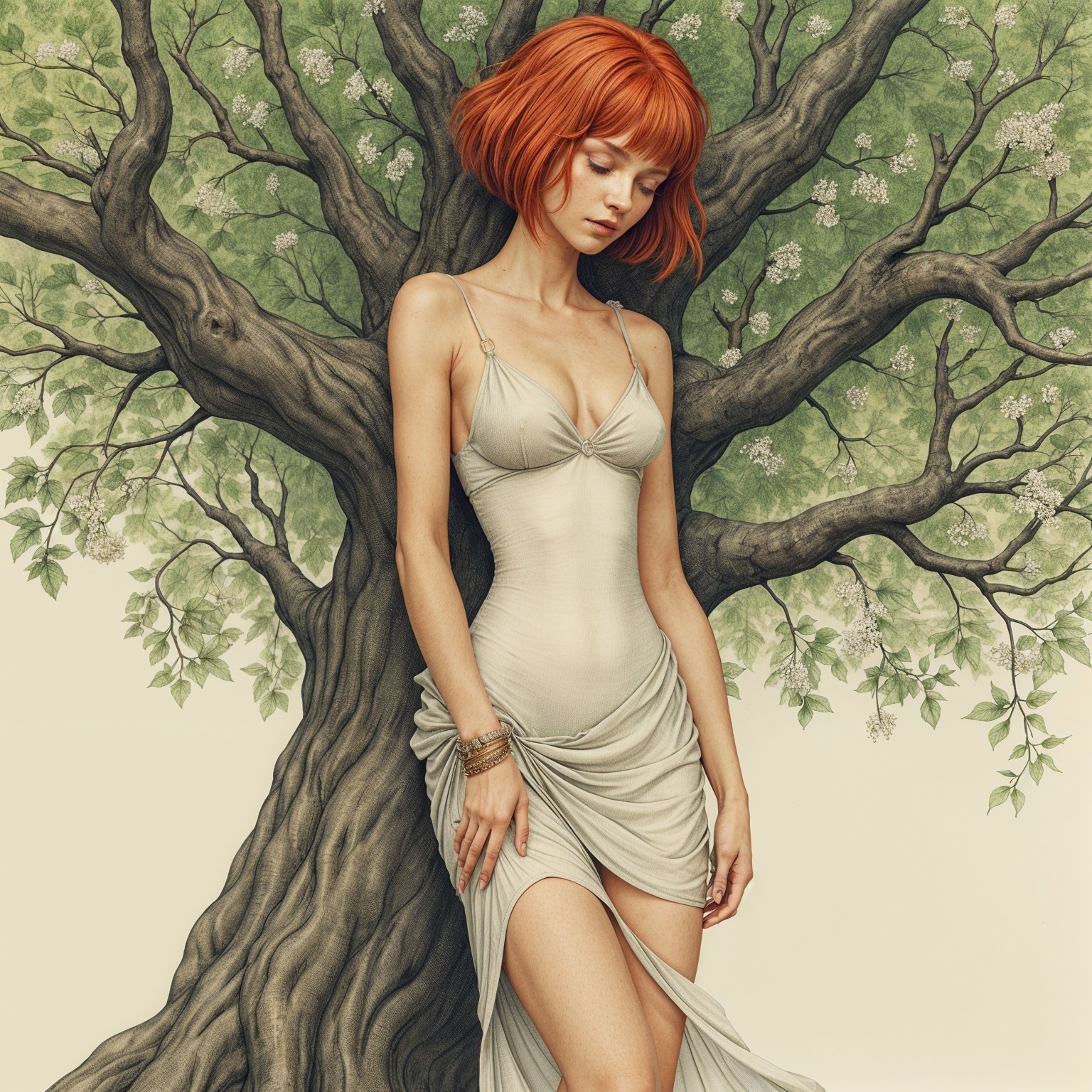Graceful Figure with Red Hair Beside a Large Tree