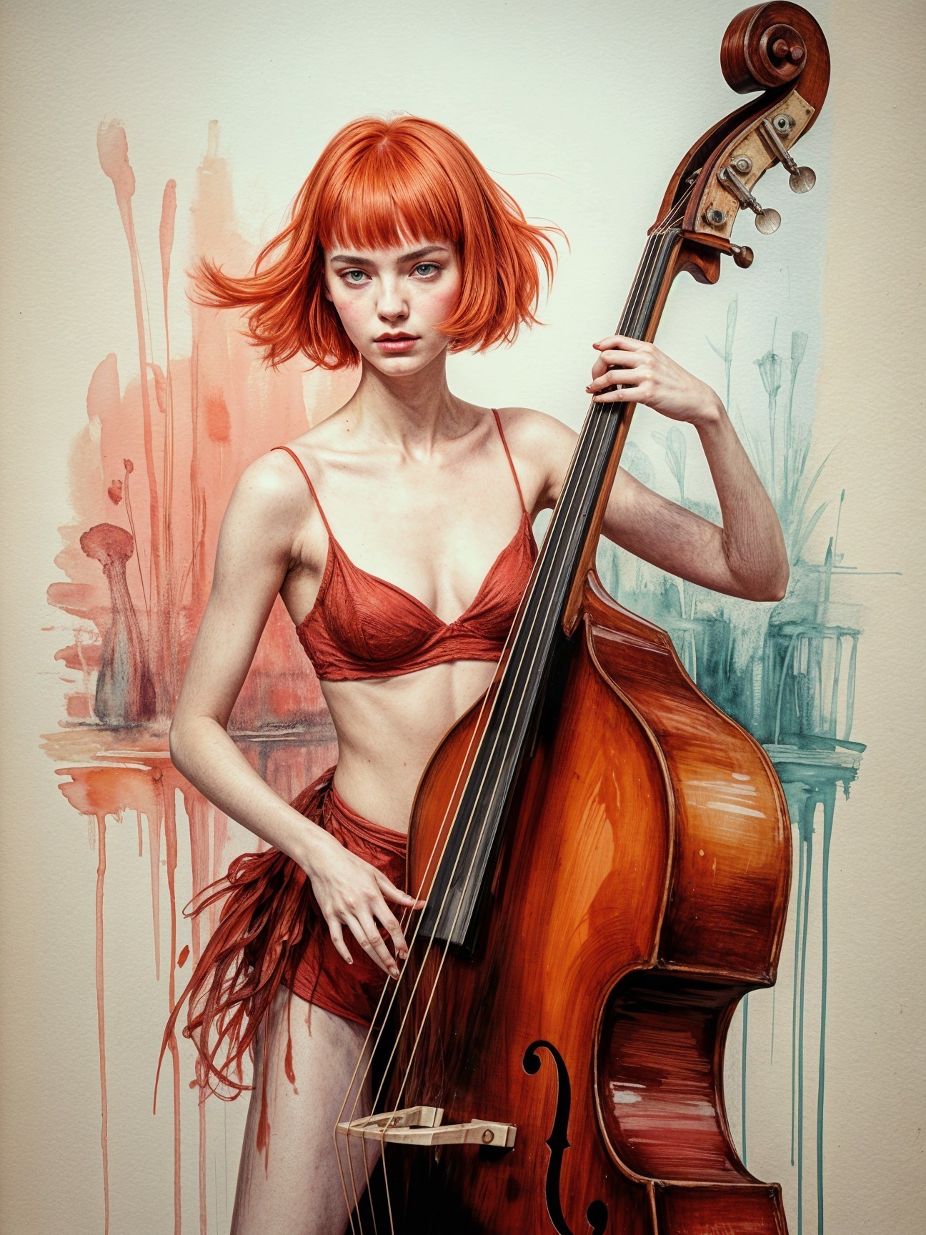 Portrait of a Young Woman with Red Hair and Double Bass