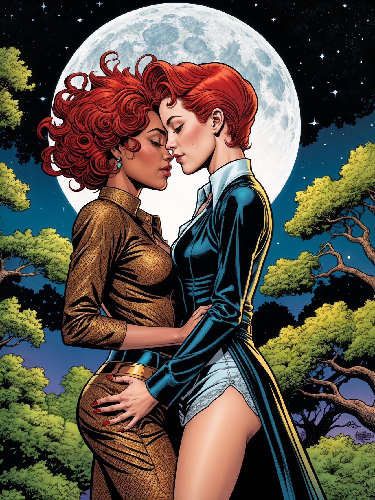 Two Women Embracing Under Moonlit Sky