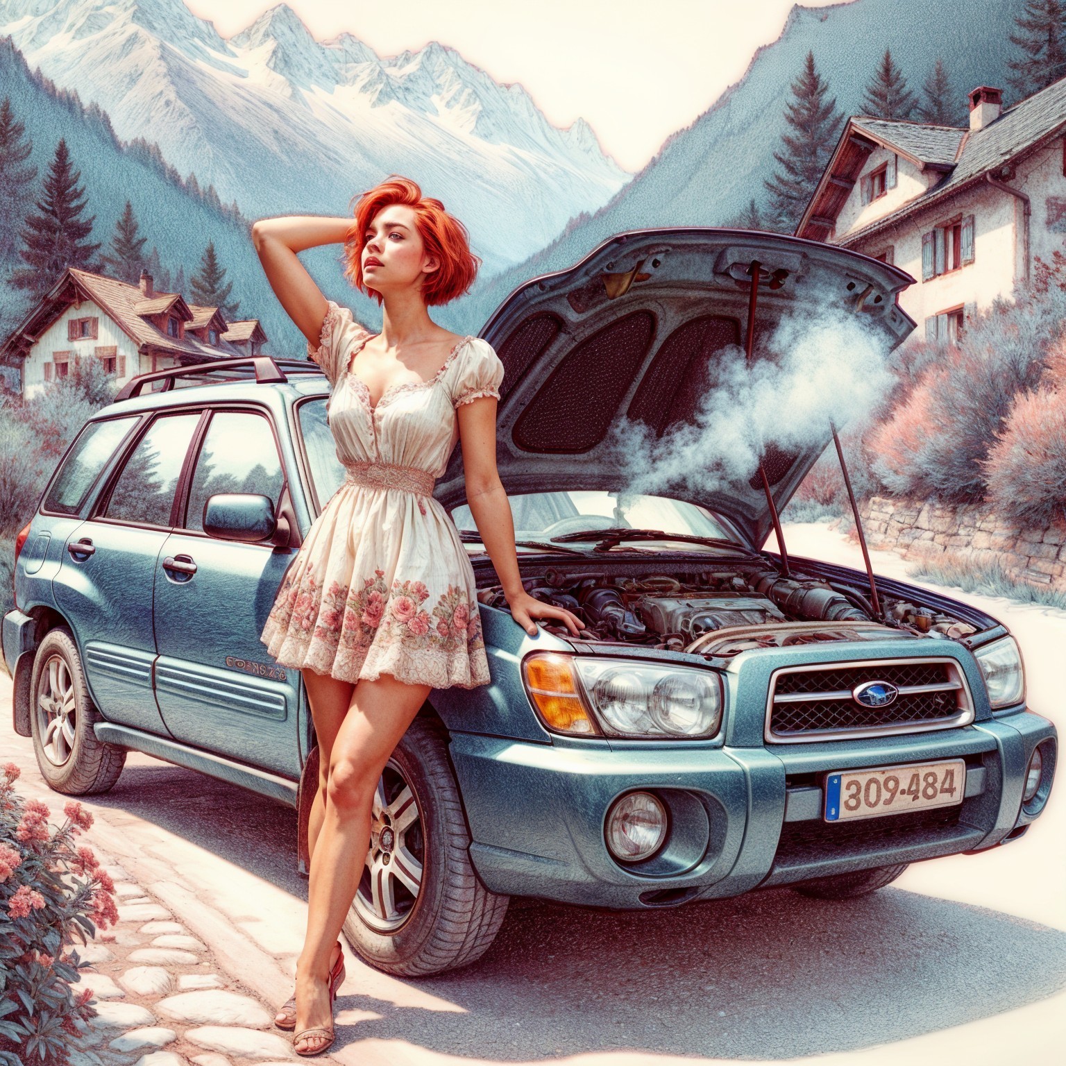Young Woman by Blue SUV with Engine Smoke in Mountains