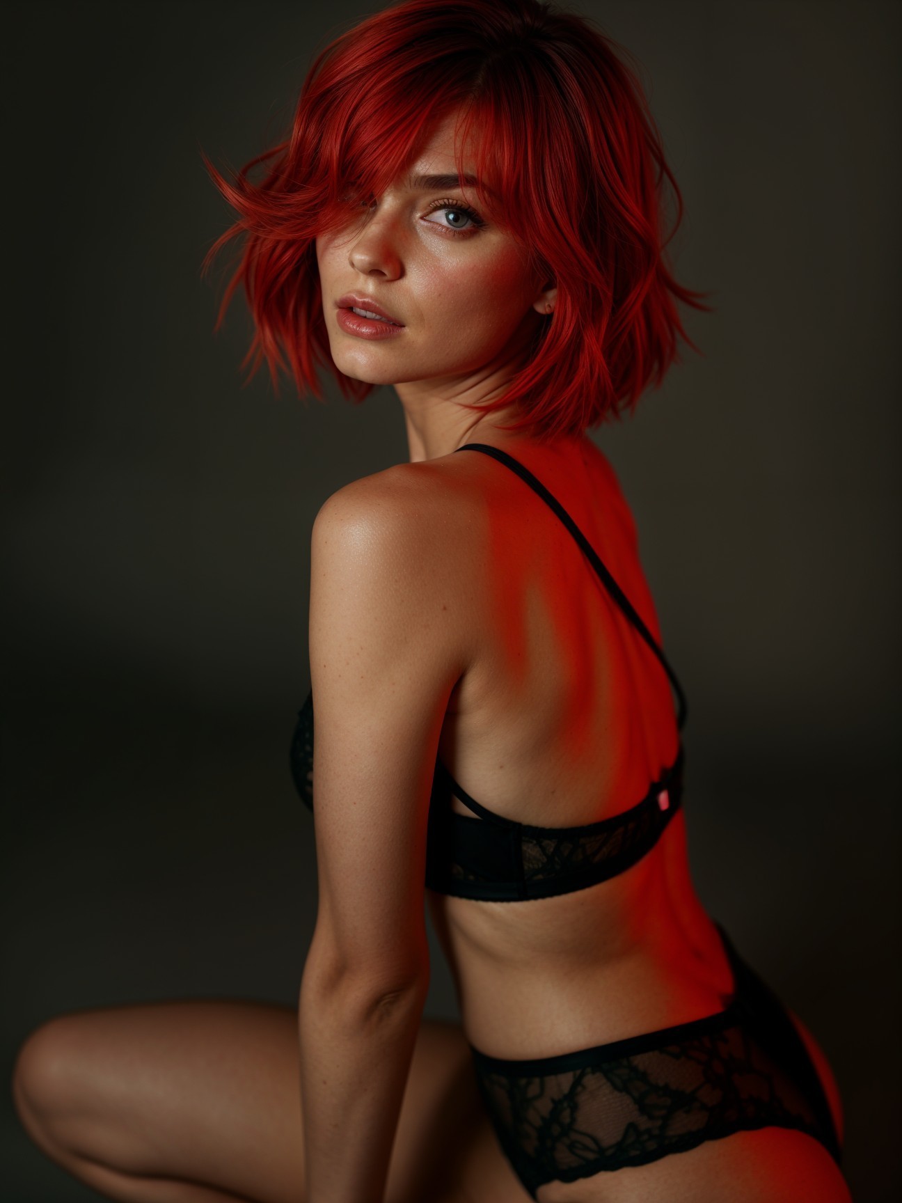 Model with Red Hair in Black Lace Lingerie Set
