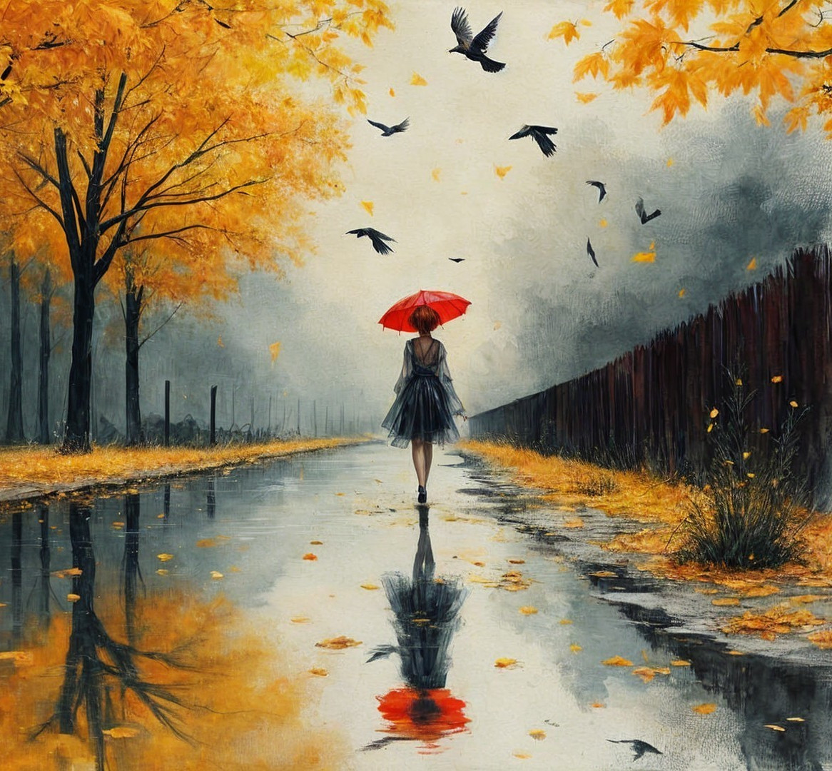 Girl in Black Dress on Rainy Autumn Path