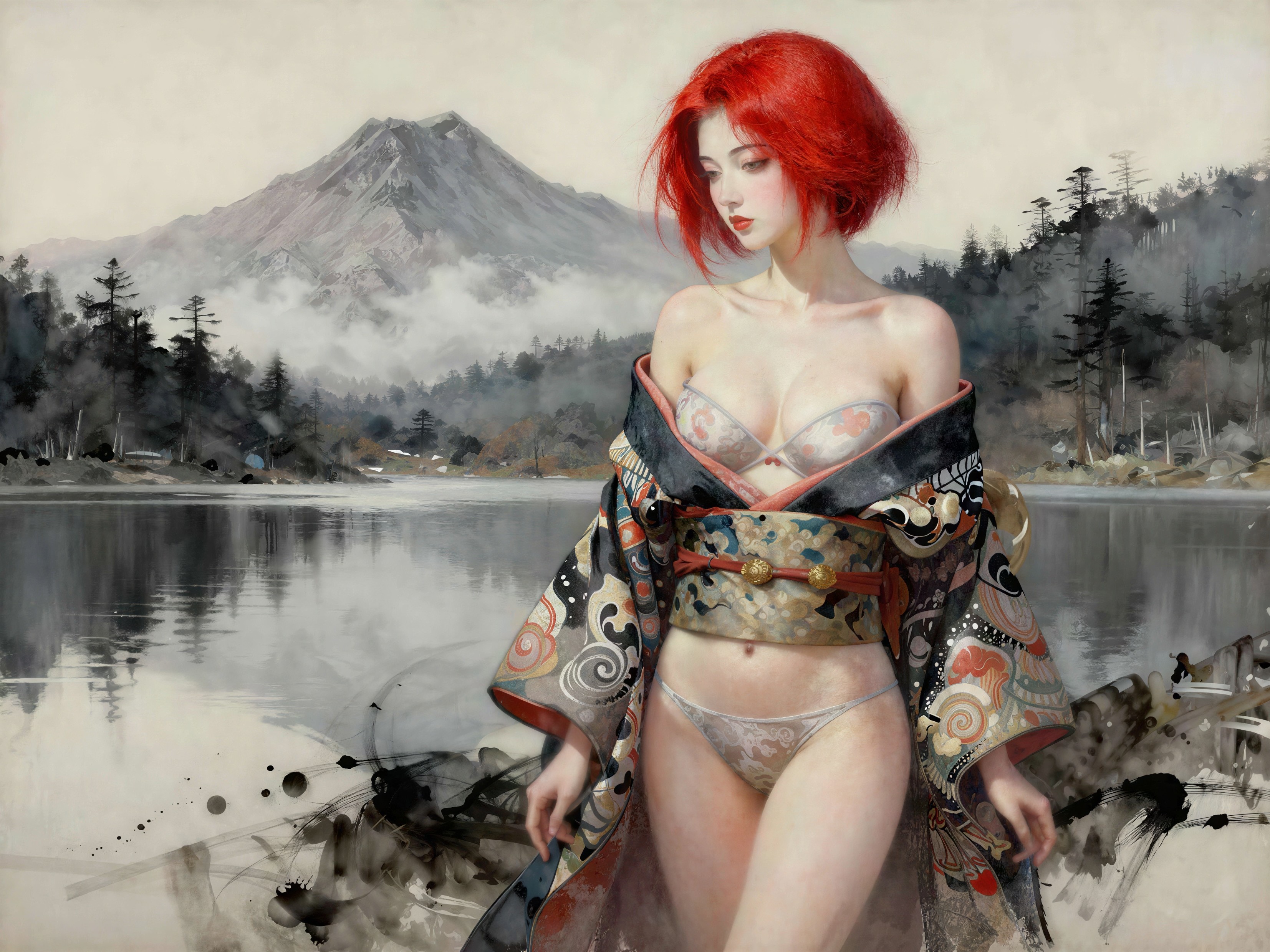 Japanese woman in kimono by lake with mountains