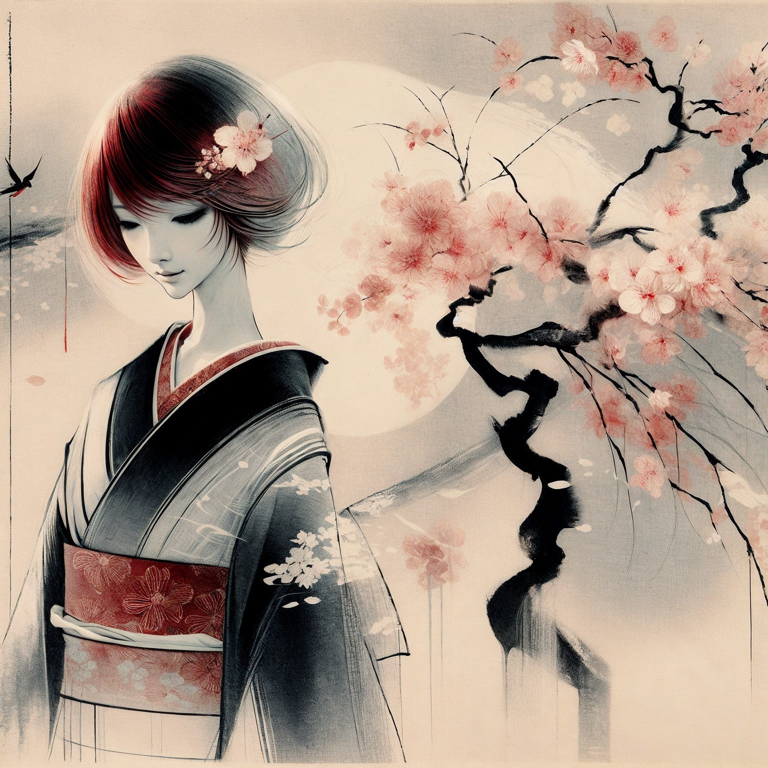 Young Woman in Kimono Surrounded by Cherry Blossoms