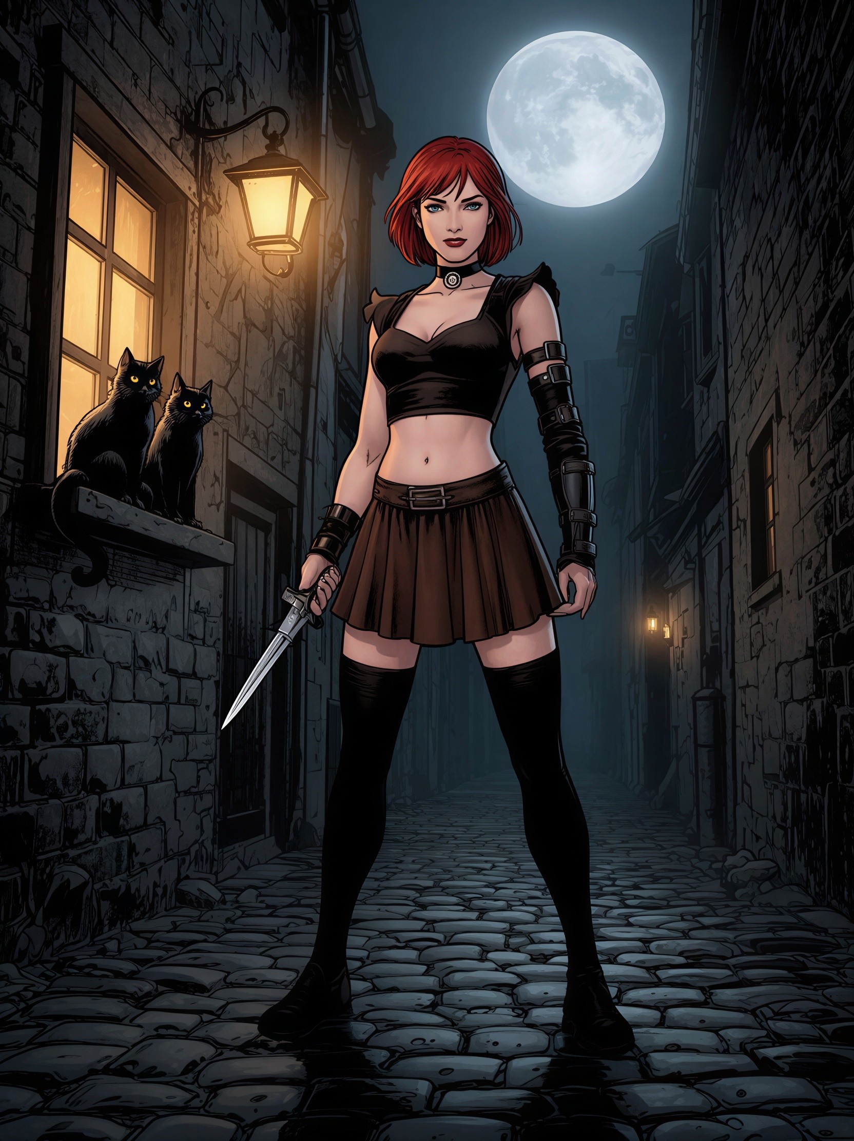 Young woman with dagger in cobblestone alley at night