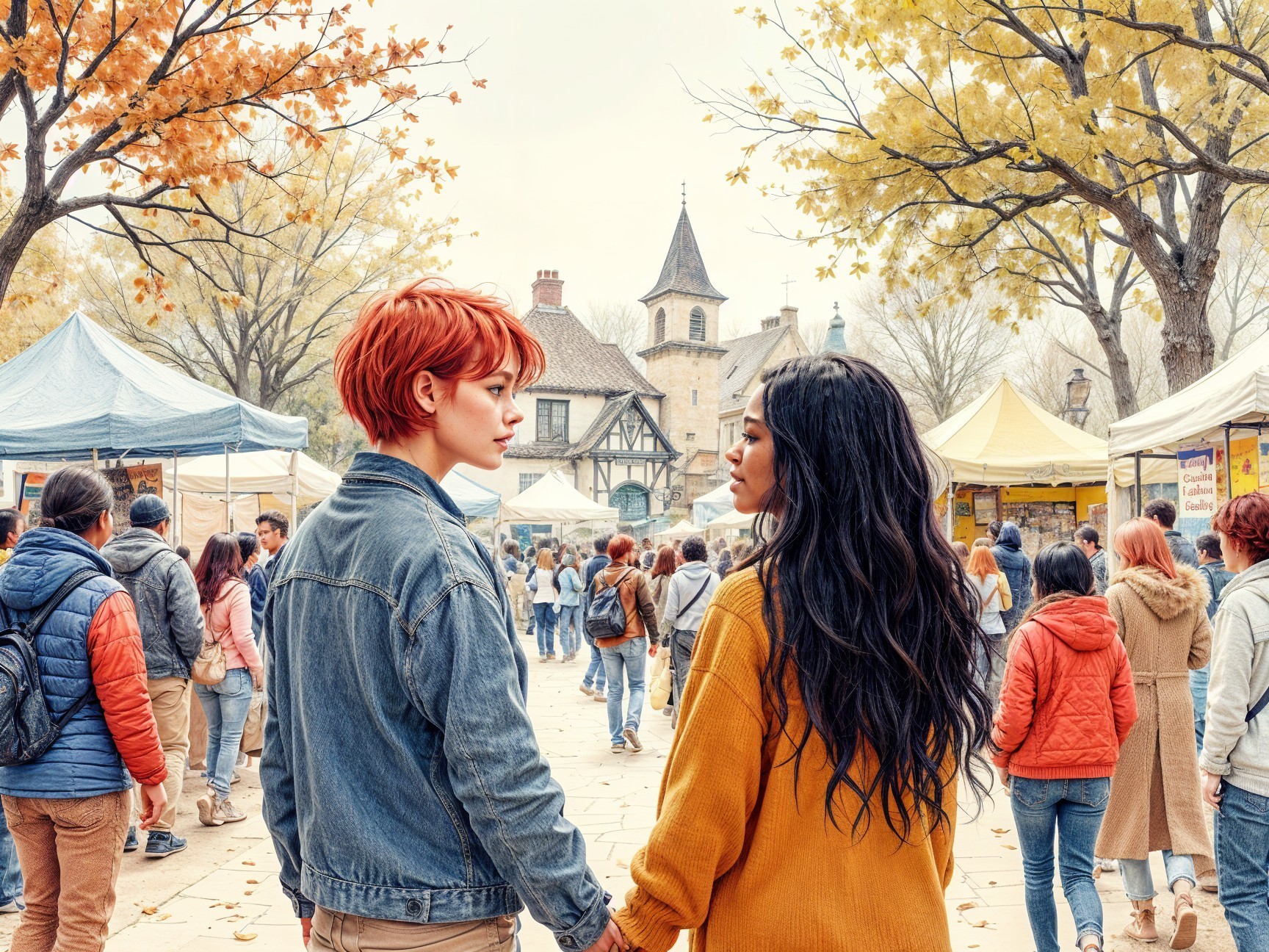 Autumn Market Scene with Colorful Tents and Couples