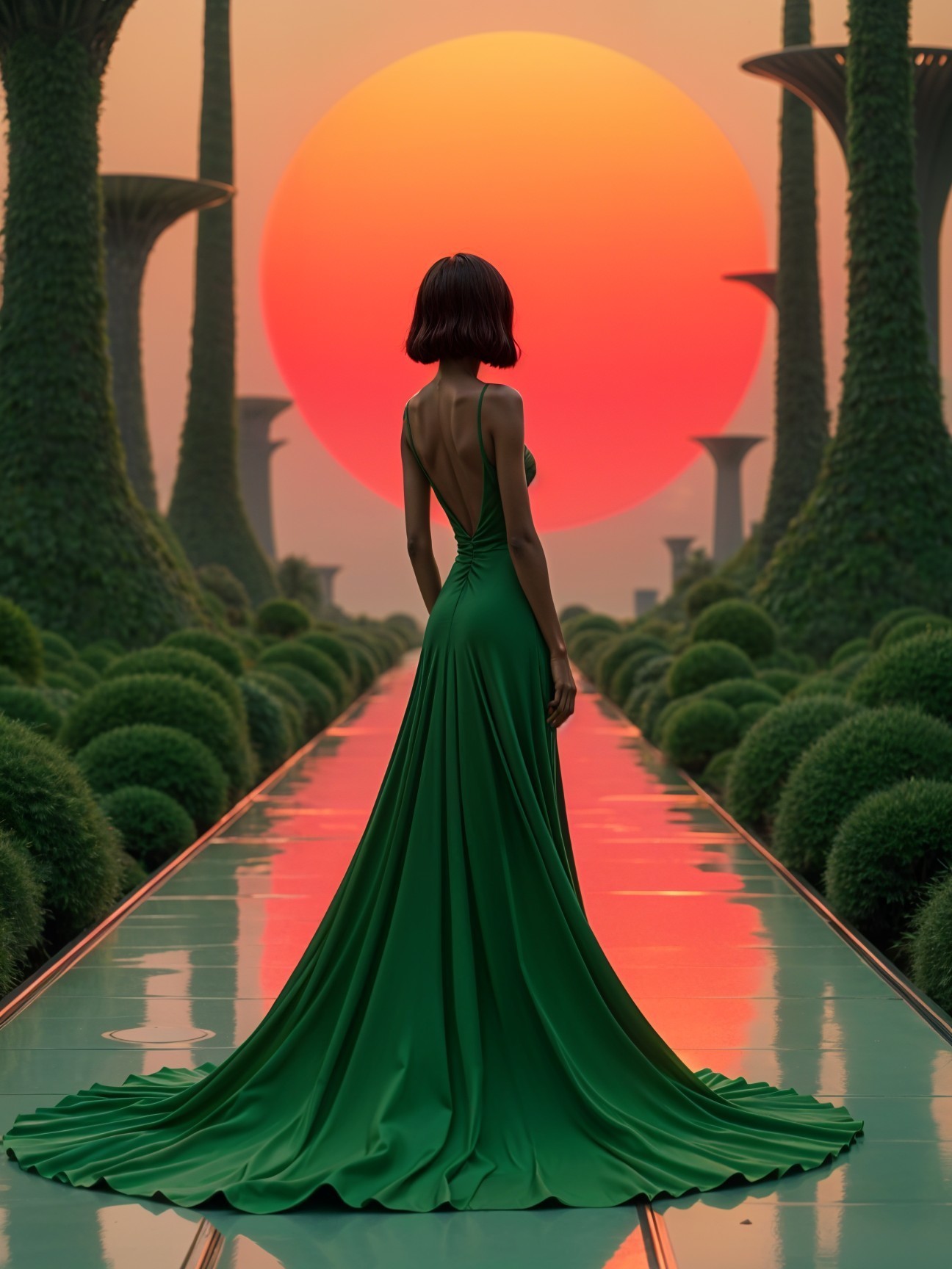 Silhouette of a Woman in Emerald Gown at Sunset