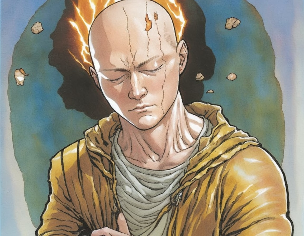 Bald Muscular Man Surrounded by Glowing Aura and Rocks