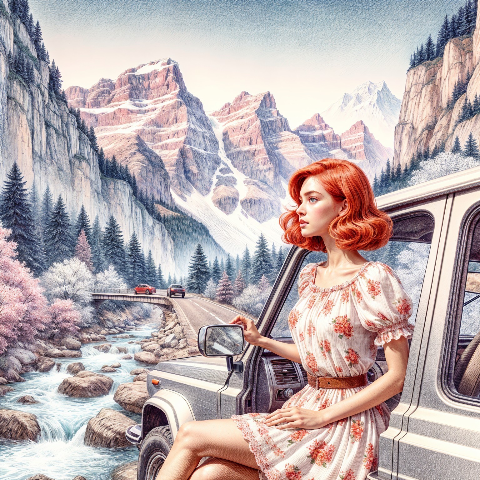 Woman with Red Hair by Rugged Vehicle in Scenic Landscape