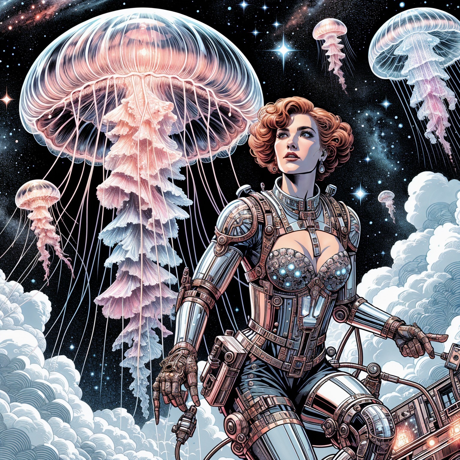 Futuristic scene with woman in metallic space suit and jellyfish