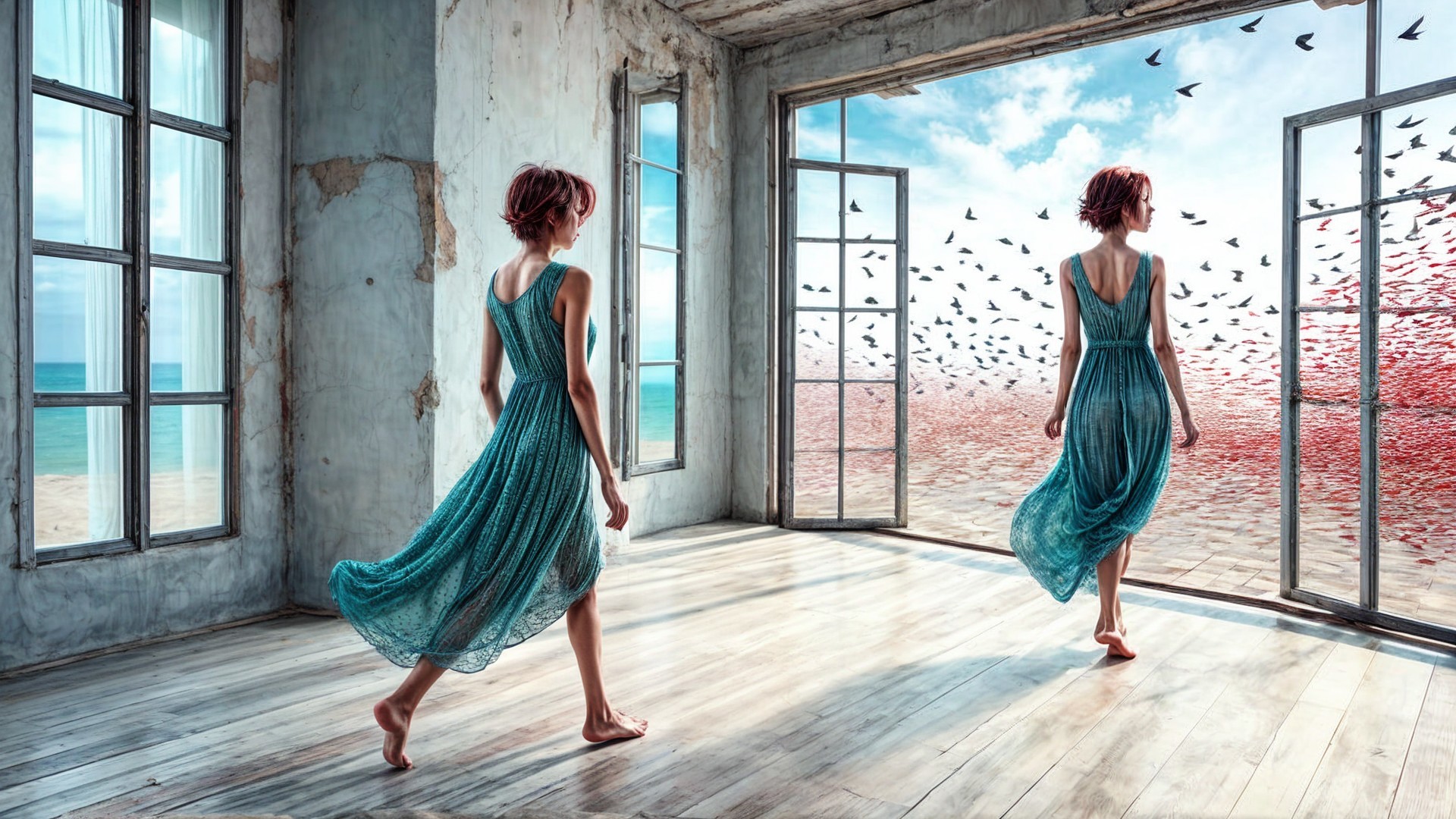 Serene Interior with Seascape and Graceful Woman