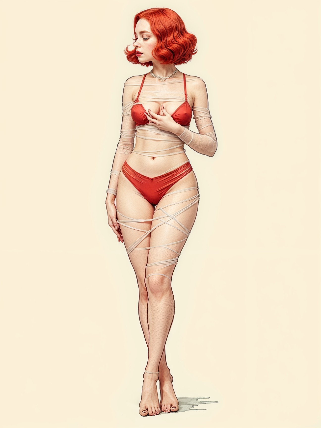 Slender woman in red bikini with white bandages
