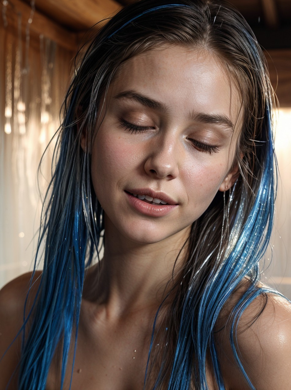 Young woman with blue streaks in wet hair in soft light