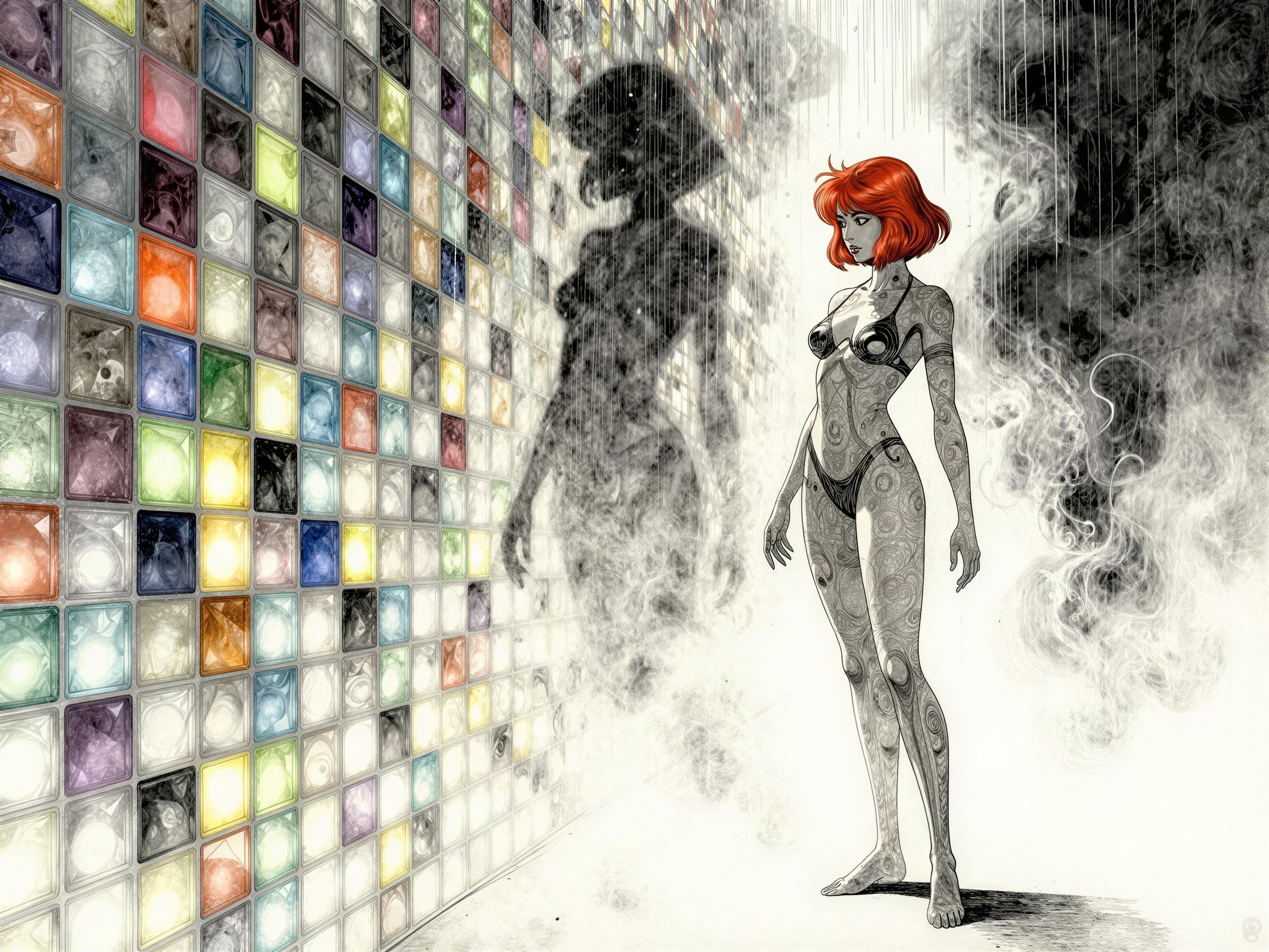 Detailed Digital Artwork of a Cyborg Woman in Grayscale