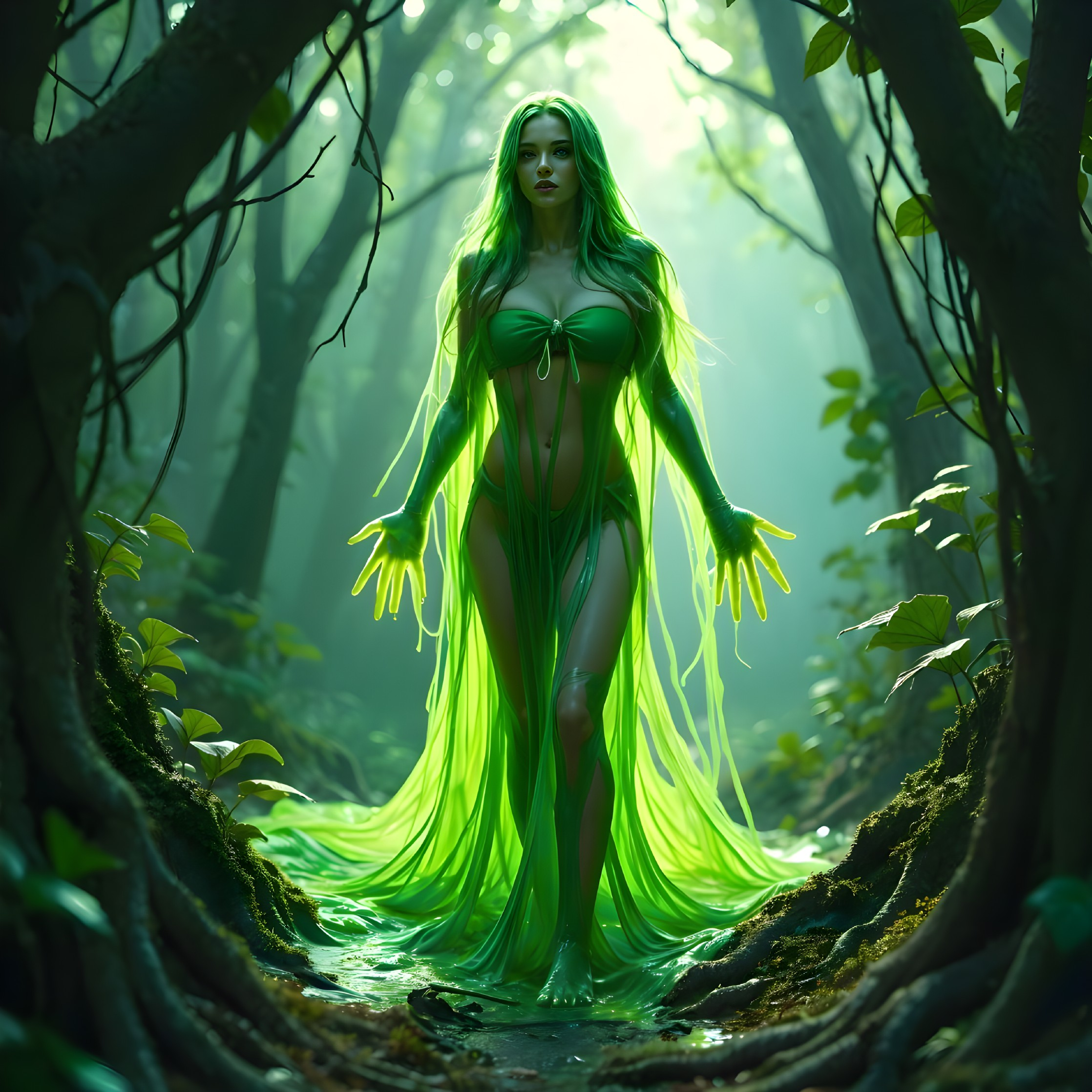 Mystical Figure in Lush Green Forest Setting
