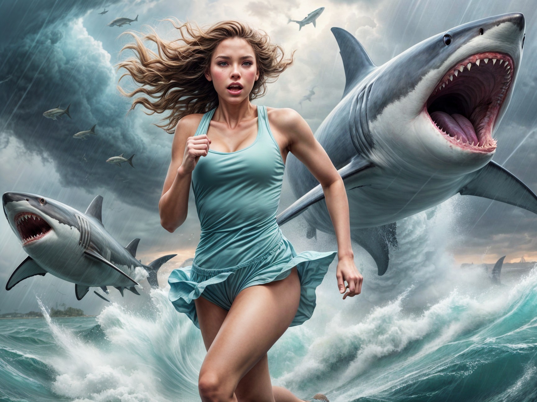 Dramatic Seascape with Woman and Sharks in Waves