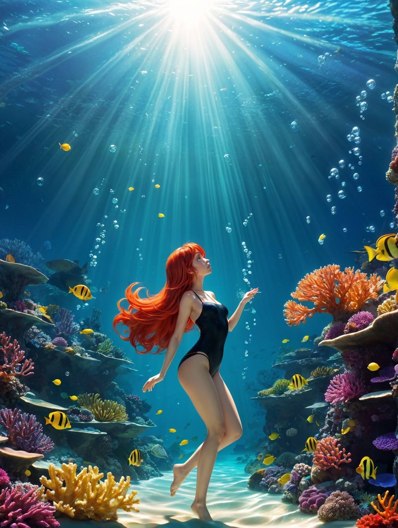 Vibrant Red-Haired Figure Swimming in Coral Reefs