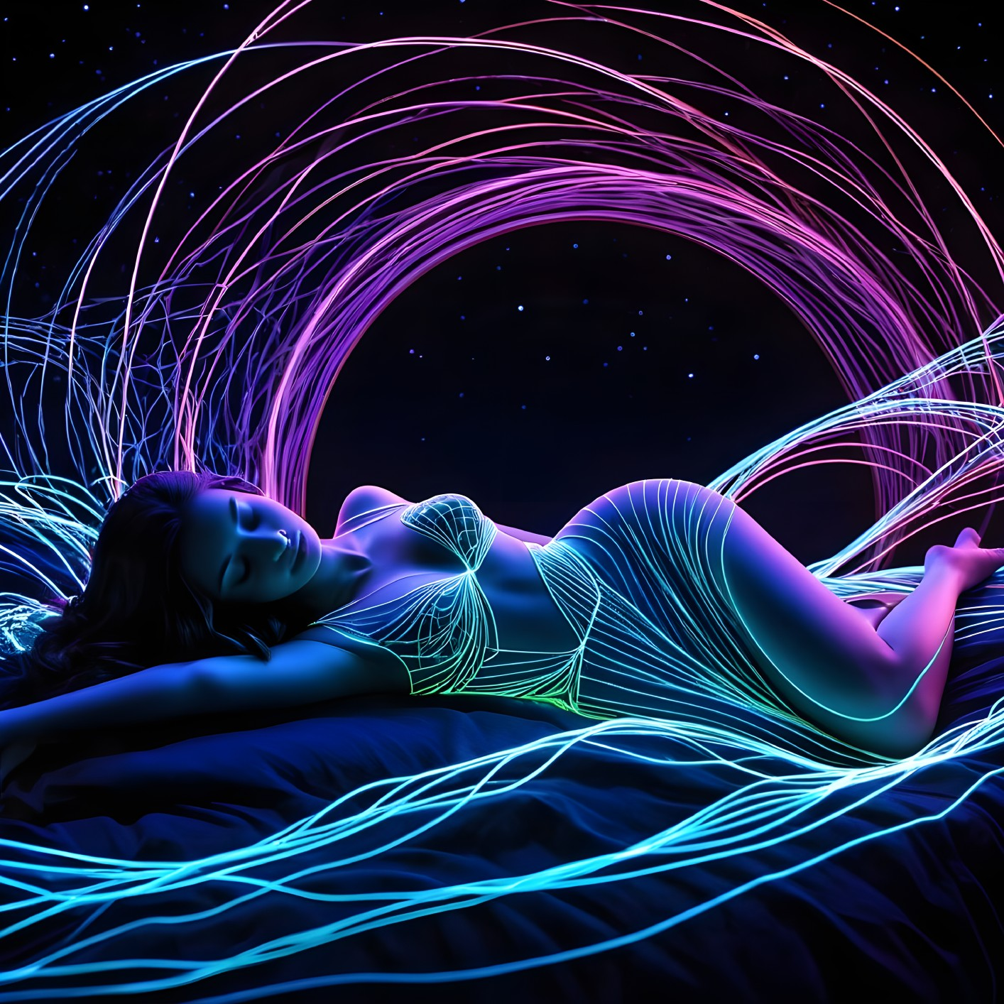 Serene Figure Surrounded by Glowing Ethereal Patterns
