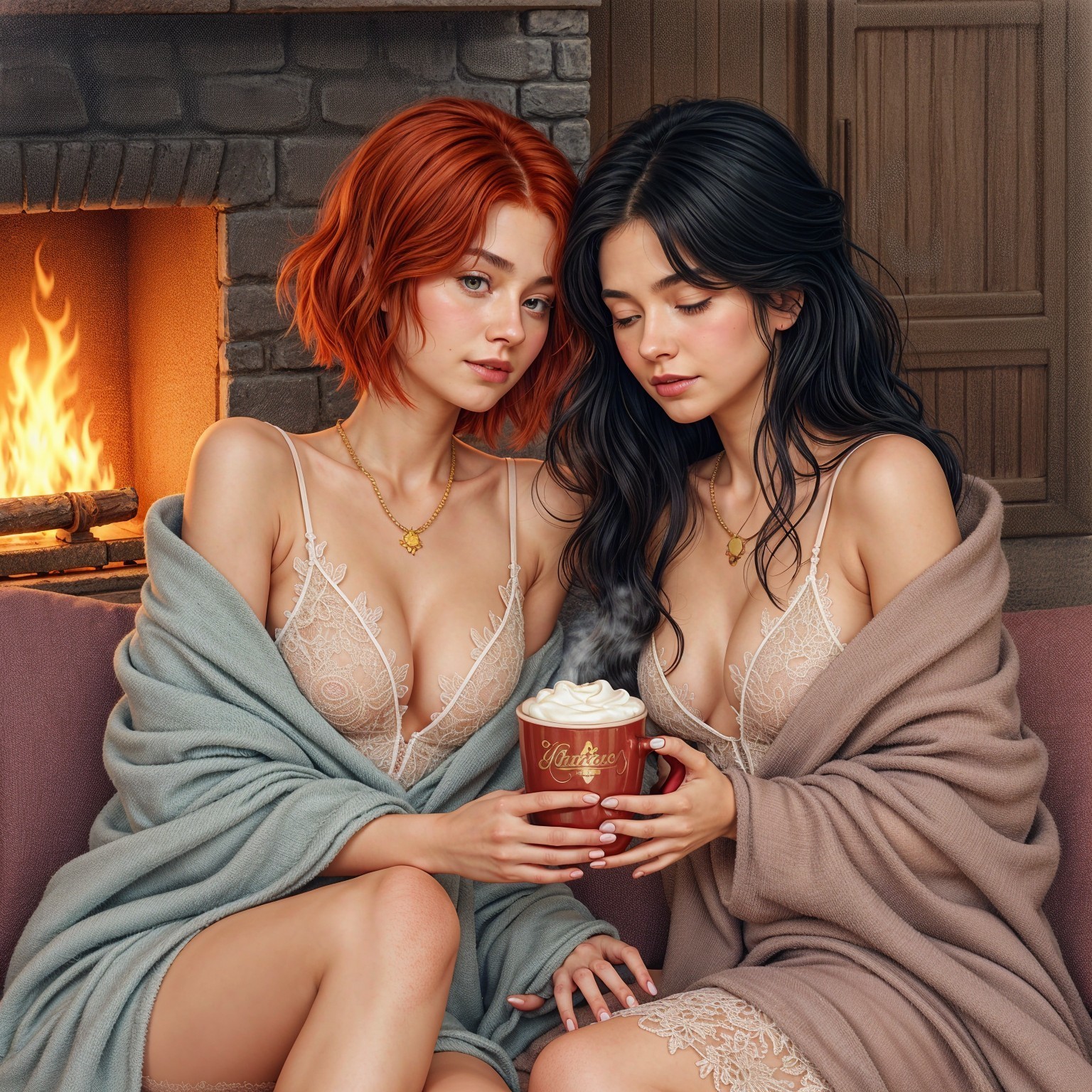 Cozy Scene of Two Women with Hot Chocolate by Fire