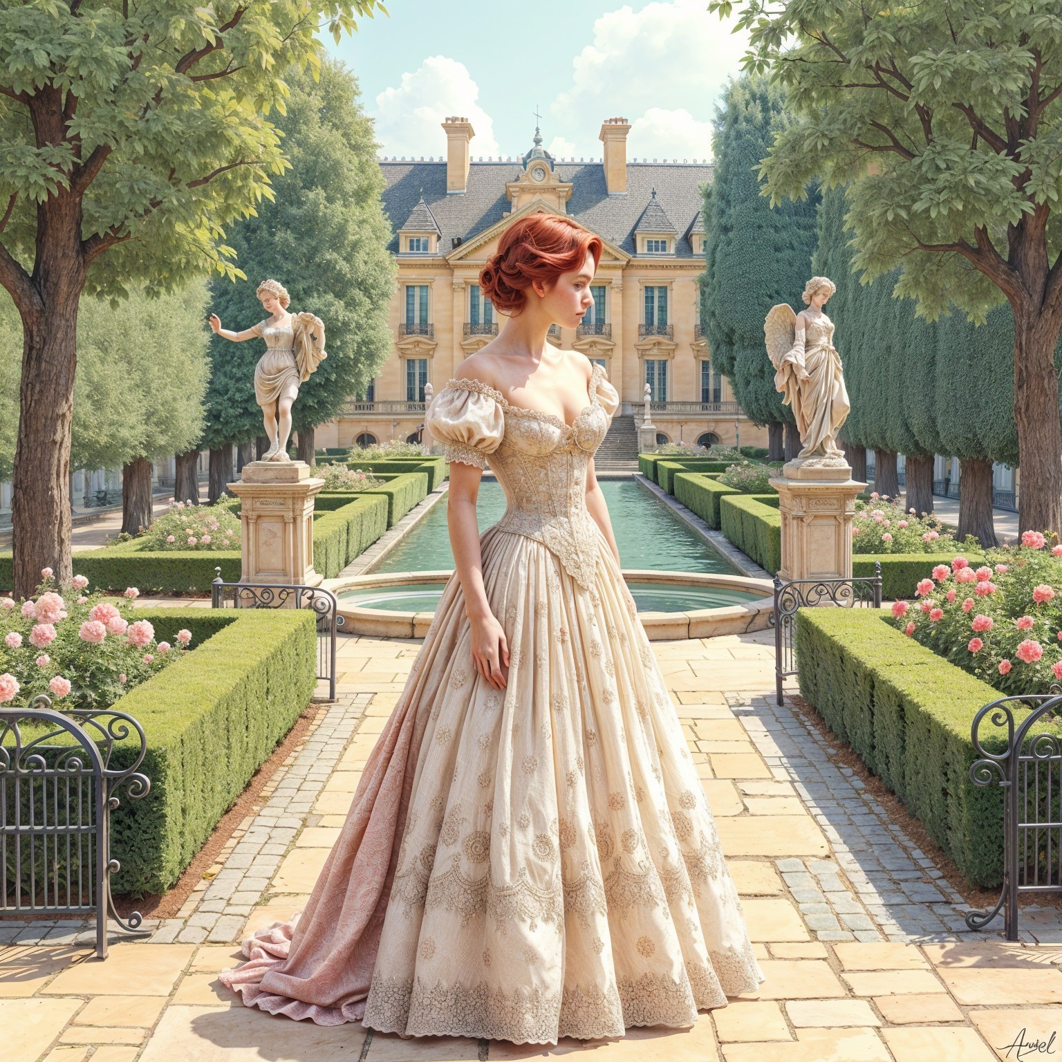 Elegant woman in vintage gown in lush garden setting