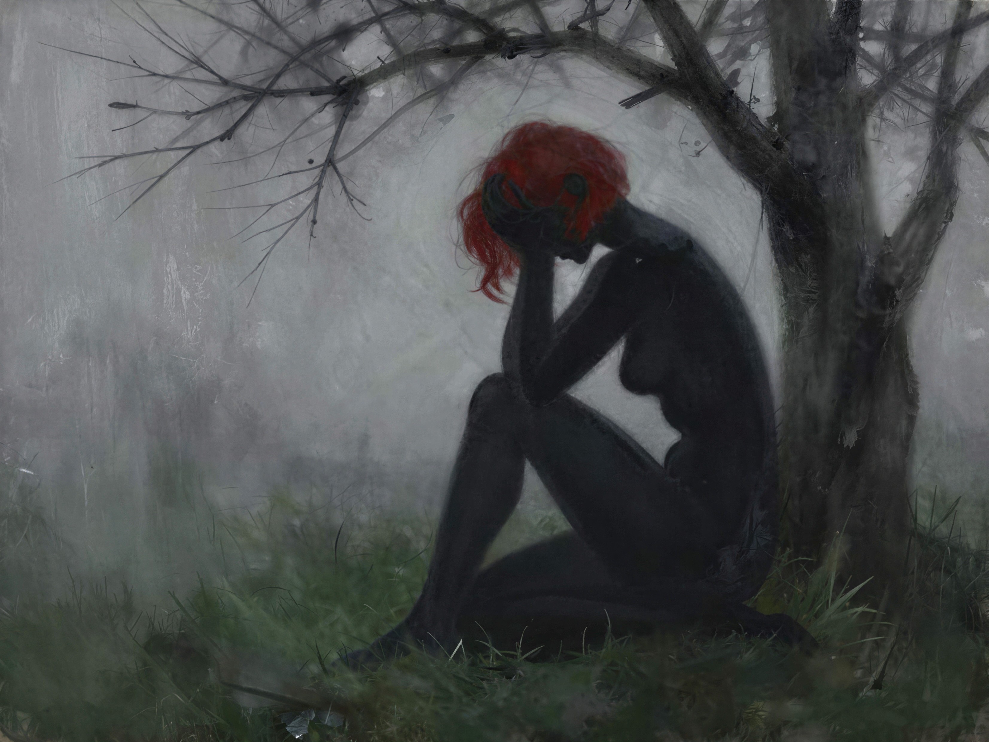 Somber Painting of a Nude Woman Under a Bare Tree