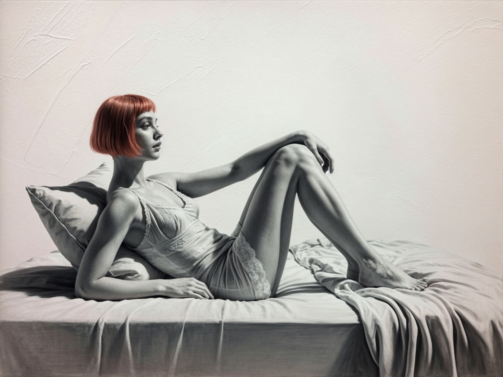 Woman in Nightgown with Sleek Bob Hairstyle on Bed