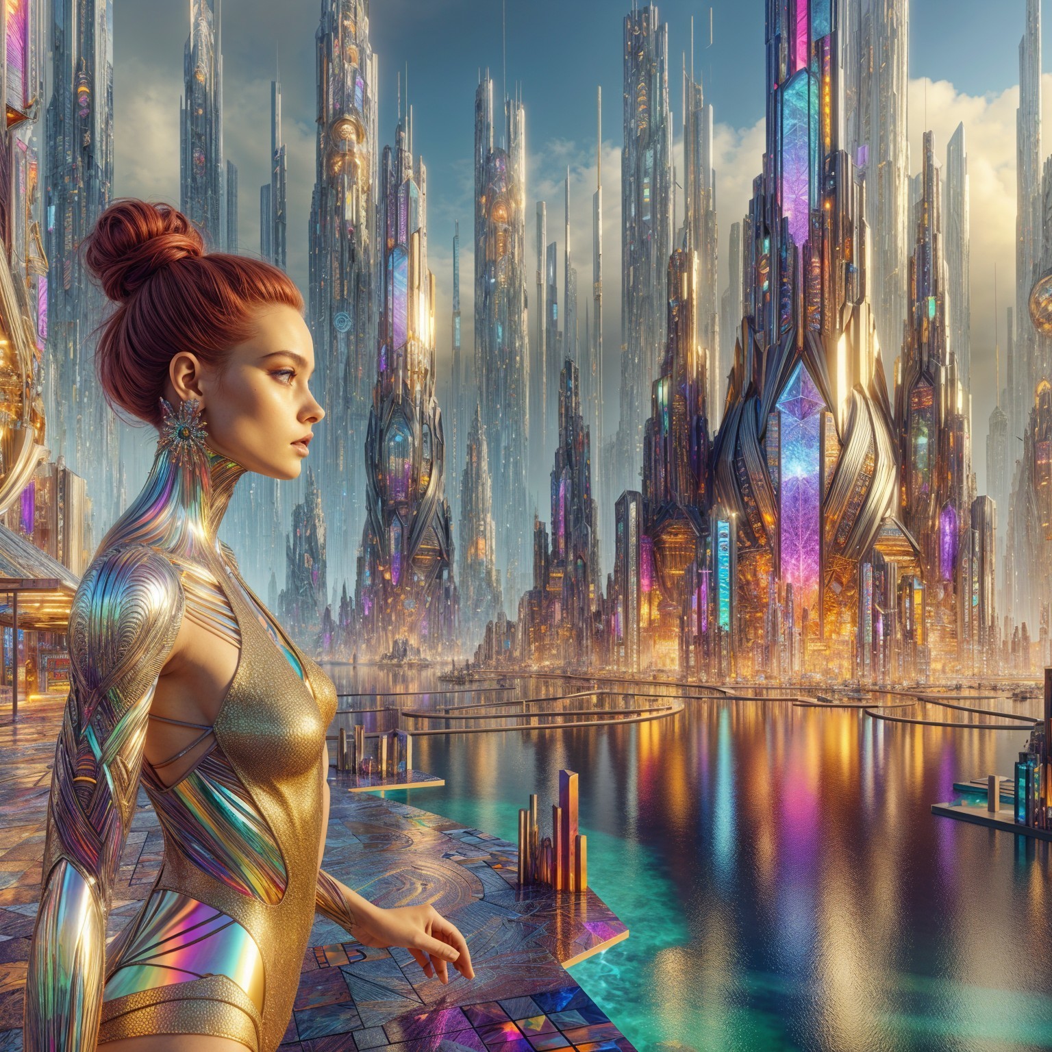 Futuristic cityscape with iridescent skyscrapers and woman