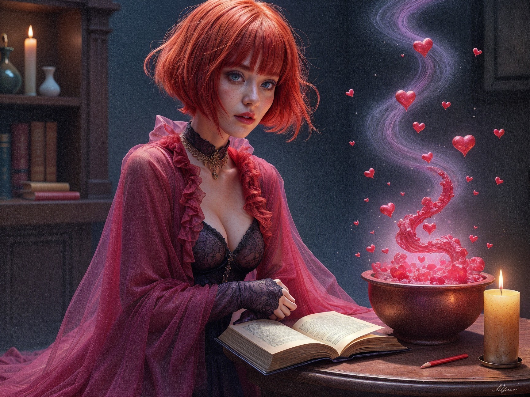 Mysterious Woman with Red Hair and Magical Cauldron