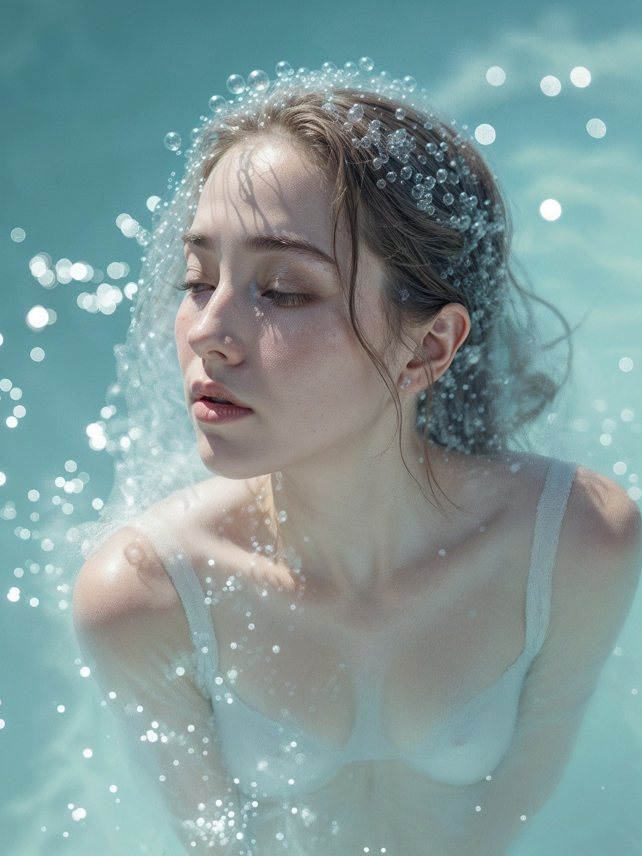 Serene portrait of a woman submerged in water