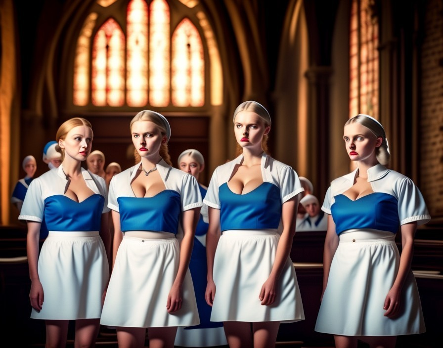 Four Women in Blue and White Outfits in Church Setting