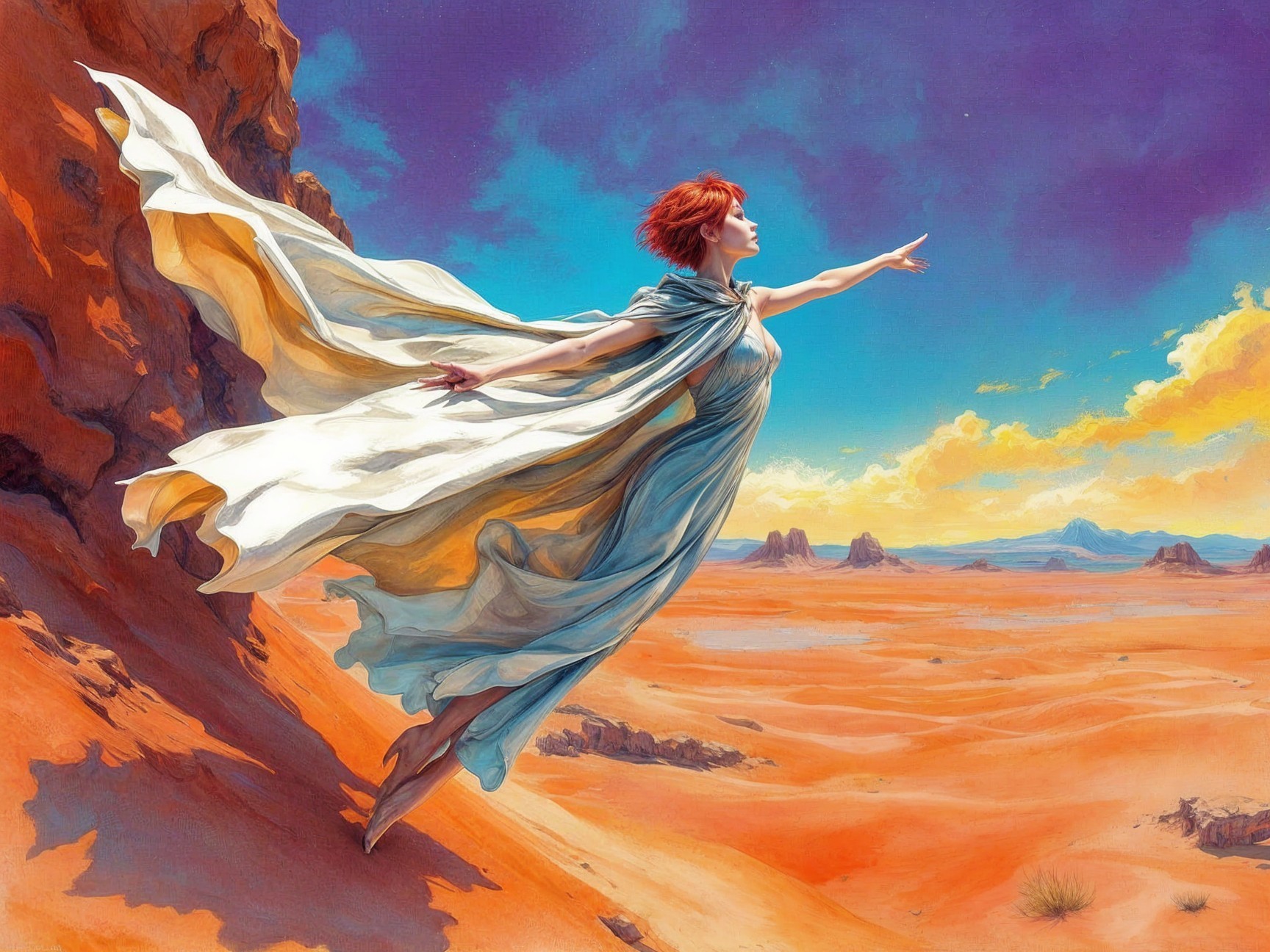 Woman in Blue Dress on Desert Ledge at Sunset