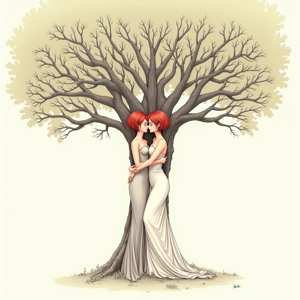 Elegant Women with Red Hair by Leafless Tree
