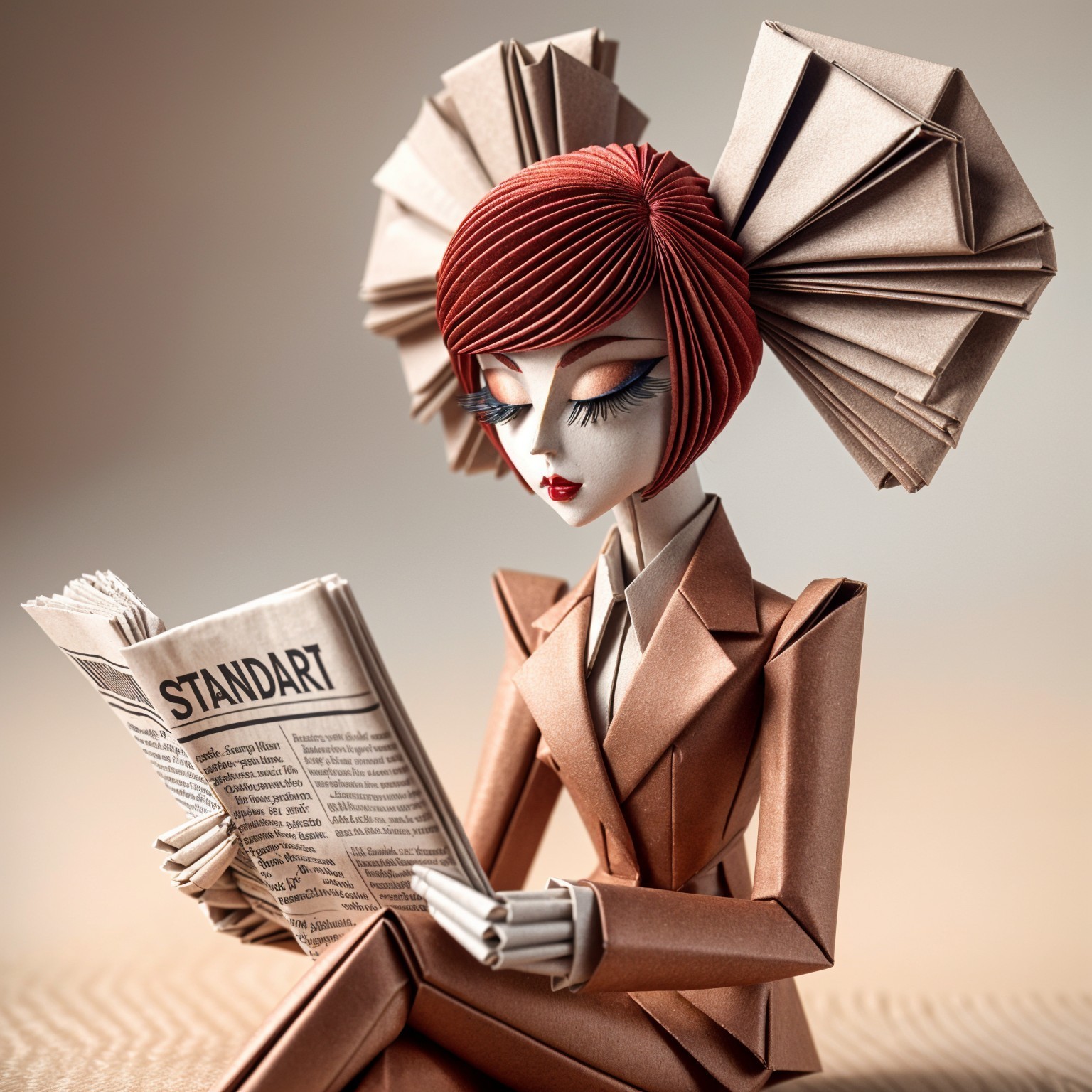 Elegant Paper Art Figure of a Woman in Brown Suit