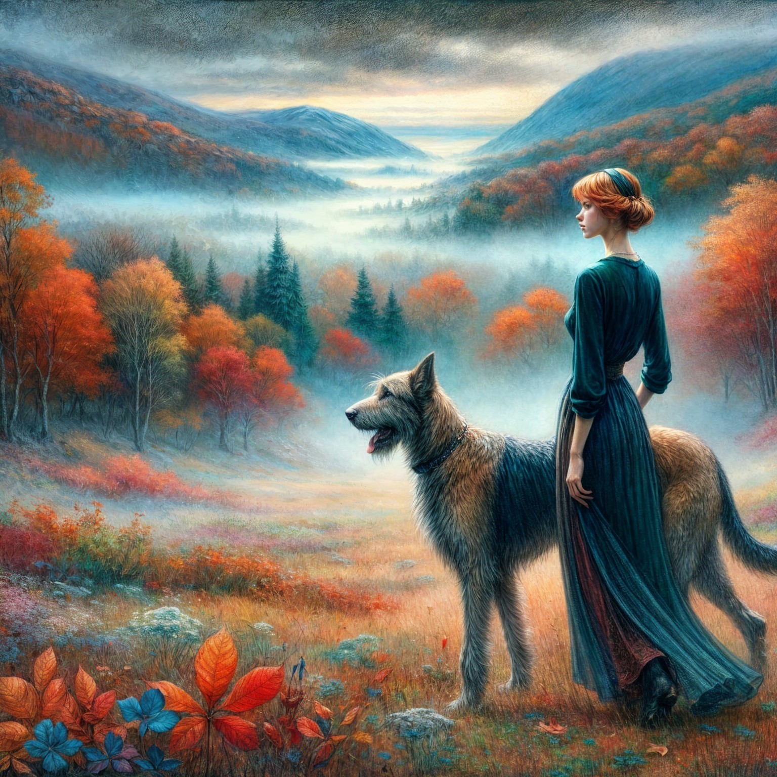 Autumn Landscape with Woman and Dog in Valley