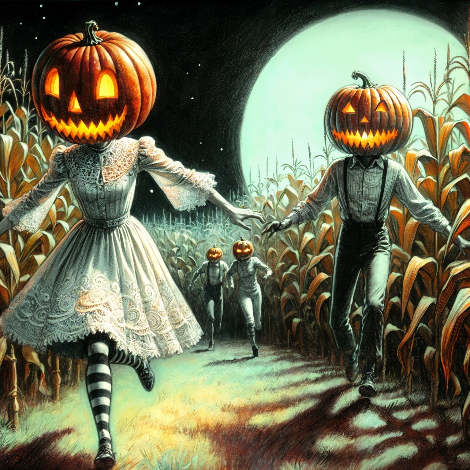 Surreal Moonlit Cornfield with Pumpkin-Head Figures