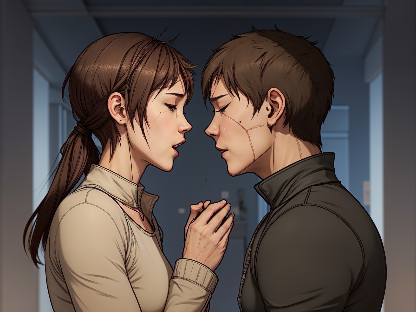 Close-Up of Two Young Adults in Intimate Corridor