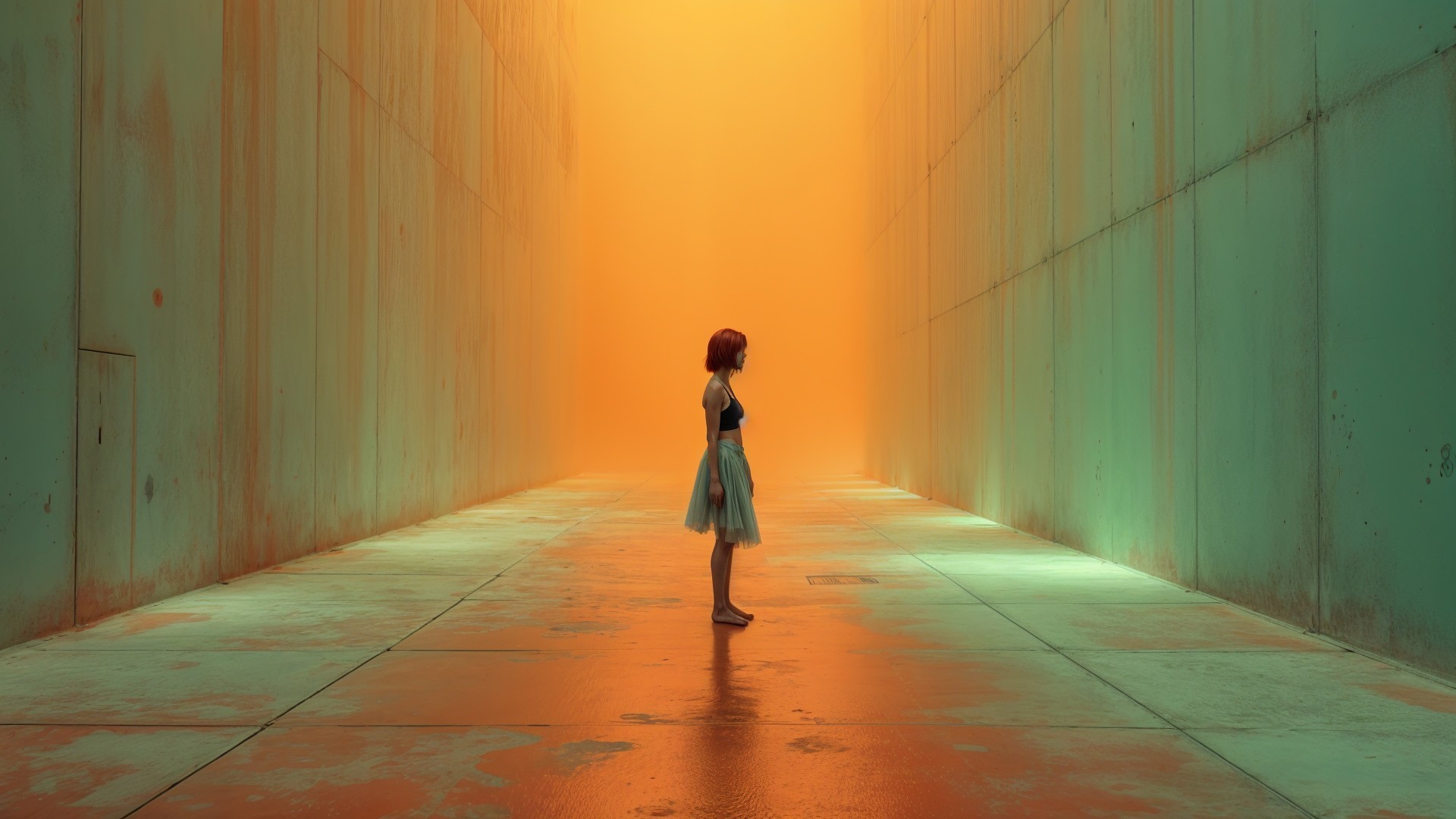 Solitary Figure in a Colorful Corridor Scene